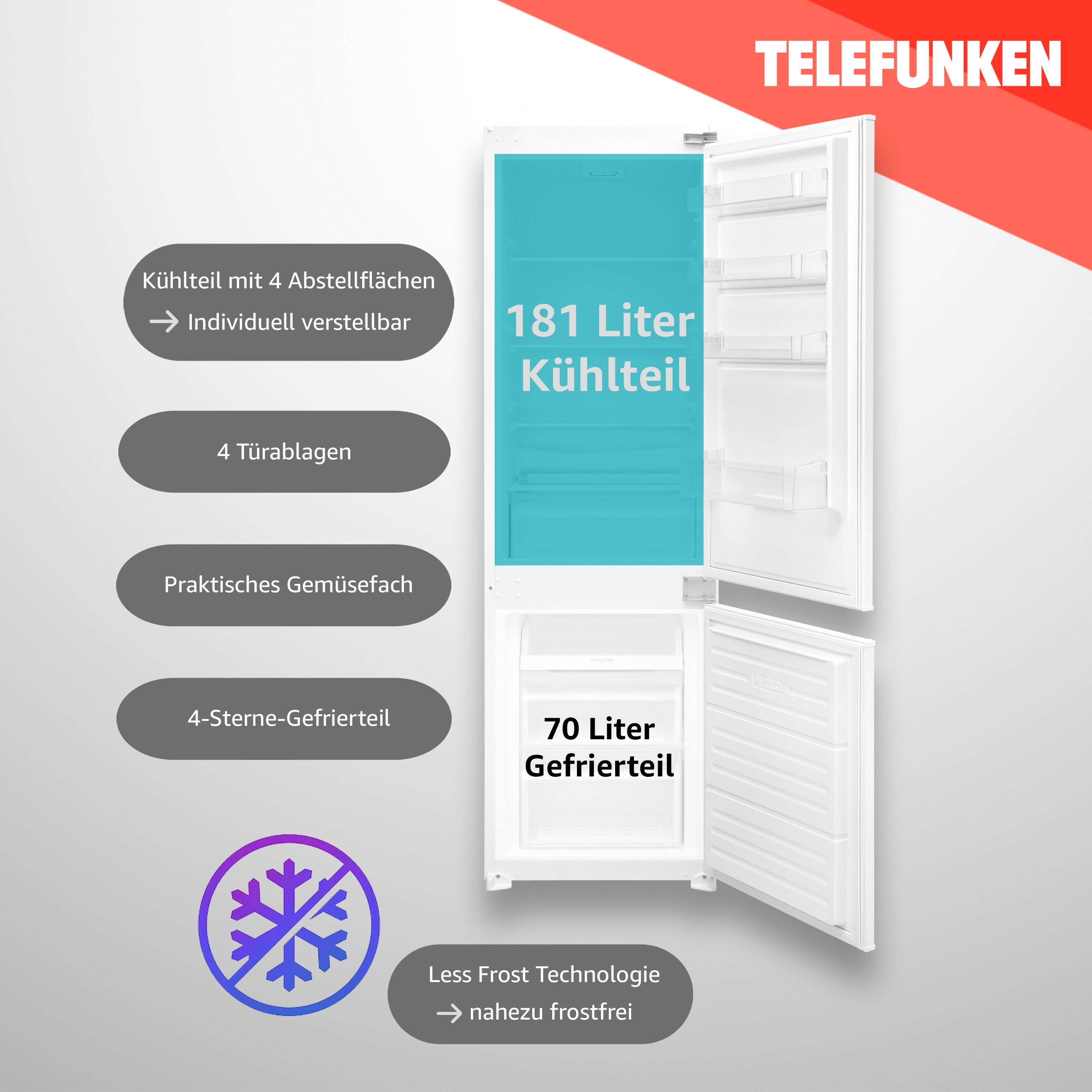 Telefunken Einbaukühlgefrierkombination C-EKG-178-ST-E, 177 cm hoch, 54 cm breit, 178 cm Nische, 251 Liter, Einbaukühlschrank groß mit Gefrierfach, weiß