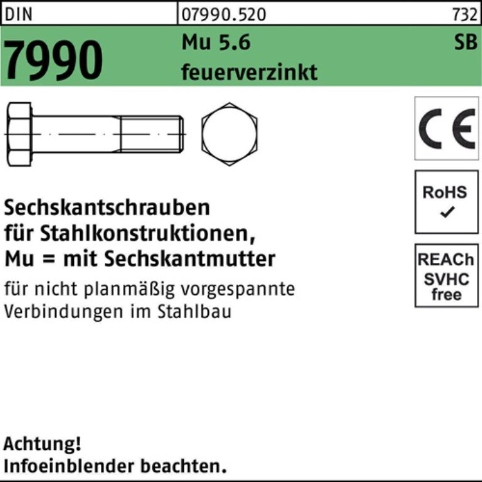 Reyher Sechskantmutter 100er Pack Sechskantschraube DIN 7990 CE Sechskantmutter M16x65 5.6 fe