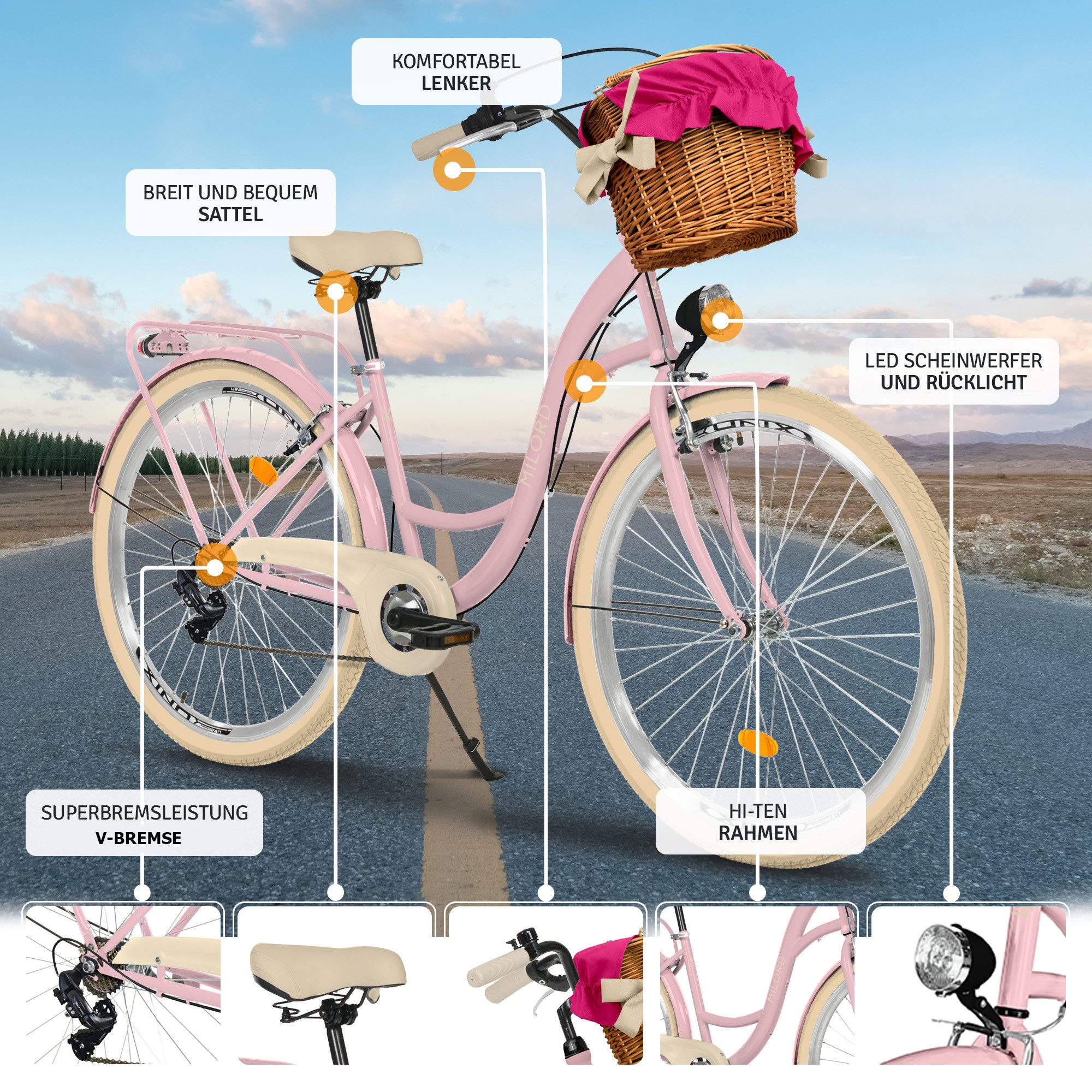 Milord Cityrad Milord City Fahrrad Weidenkorb Damen, 28/26 Zoll, Rosa-Creme, 7-Gang, 7 Gang, (Fahrradständer, Gepäckträger, Klingel, Korb, Kotflügel)