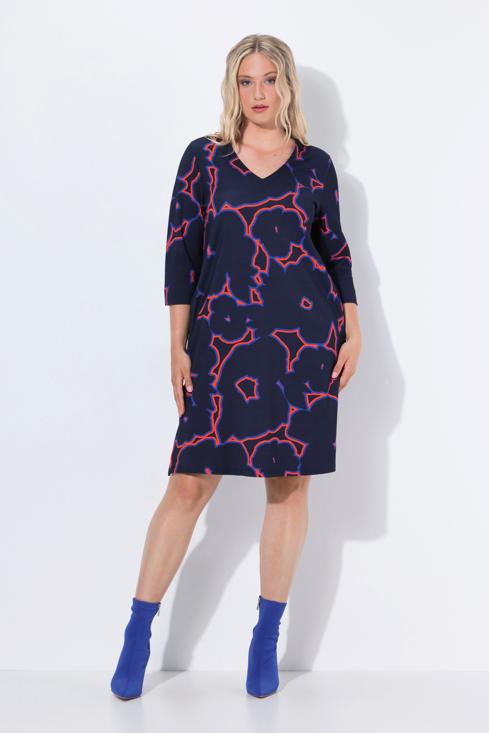 Minikleid Punto-Kleid Blüten V-Ausschnitt 3/4-Arm Taschen