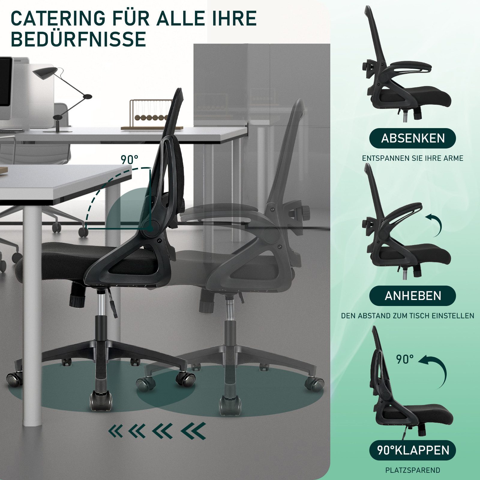 Milacyee Bürostuhl Ergonomischer Stuhl,Schreibtischstuhl mit klappbaren Armlehnen (Höhenverstellbarer Chefsessel mit geräuscharmen Rollen,Drehstuhl mit verstellbarer Schaumstoff-Lendenstütze), 150KG,Schwarz