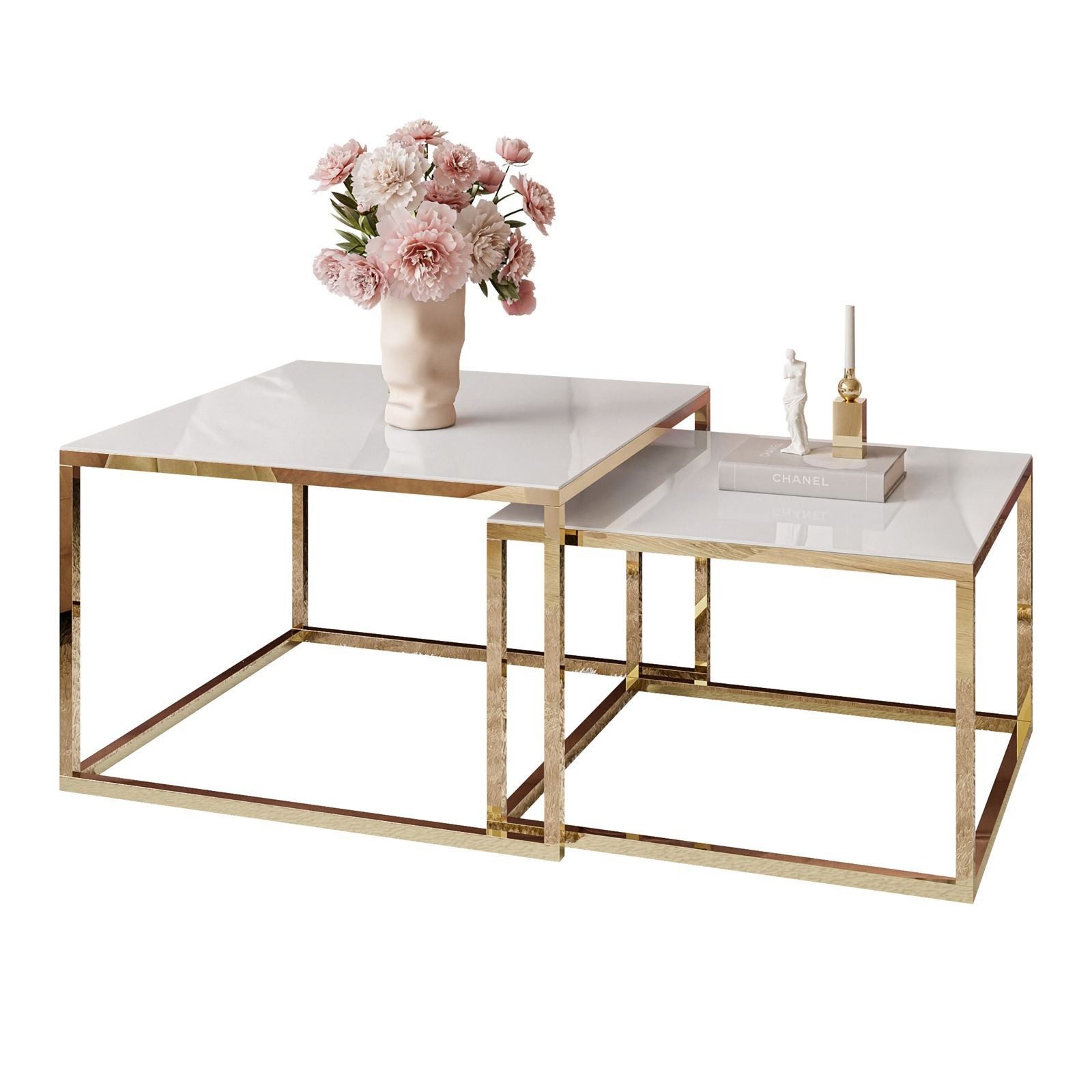 Couchtisch 2 in 1 MAYA GLAS goldverchromte Metallgestell Sofatisch Tisch SET