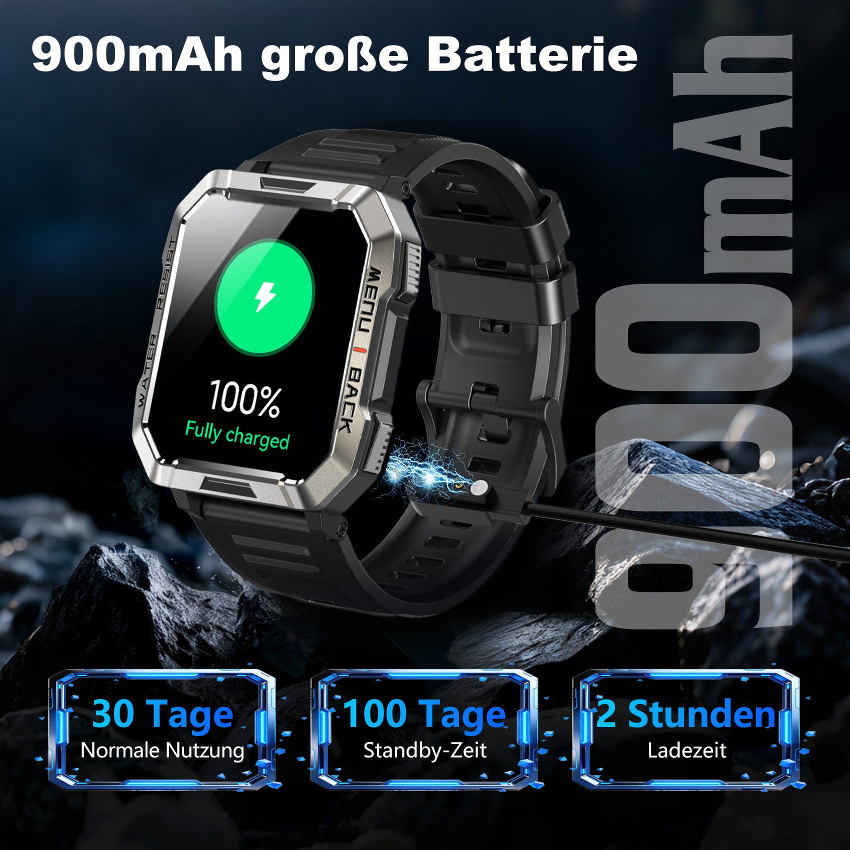 blackview 2026 900-mAh-Akku,Smartwatch Herren Militärqualität,100 Tage Standby Smartwatch (2.01 Zoll, iOS&Android) Packung, 2-tlg., 2 Armbänder / 3 Armbänder und Ladekabel, 2,01", LED Taschenlampe/Kompass/SOS,Schrittzähler, für Android und iOS