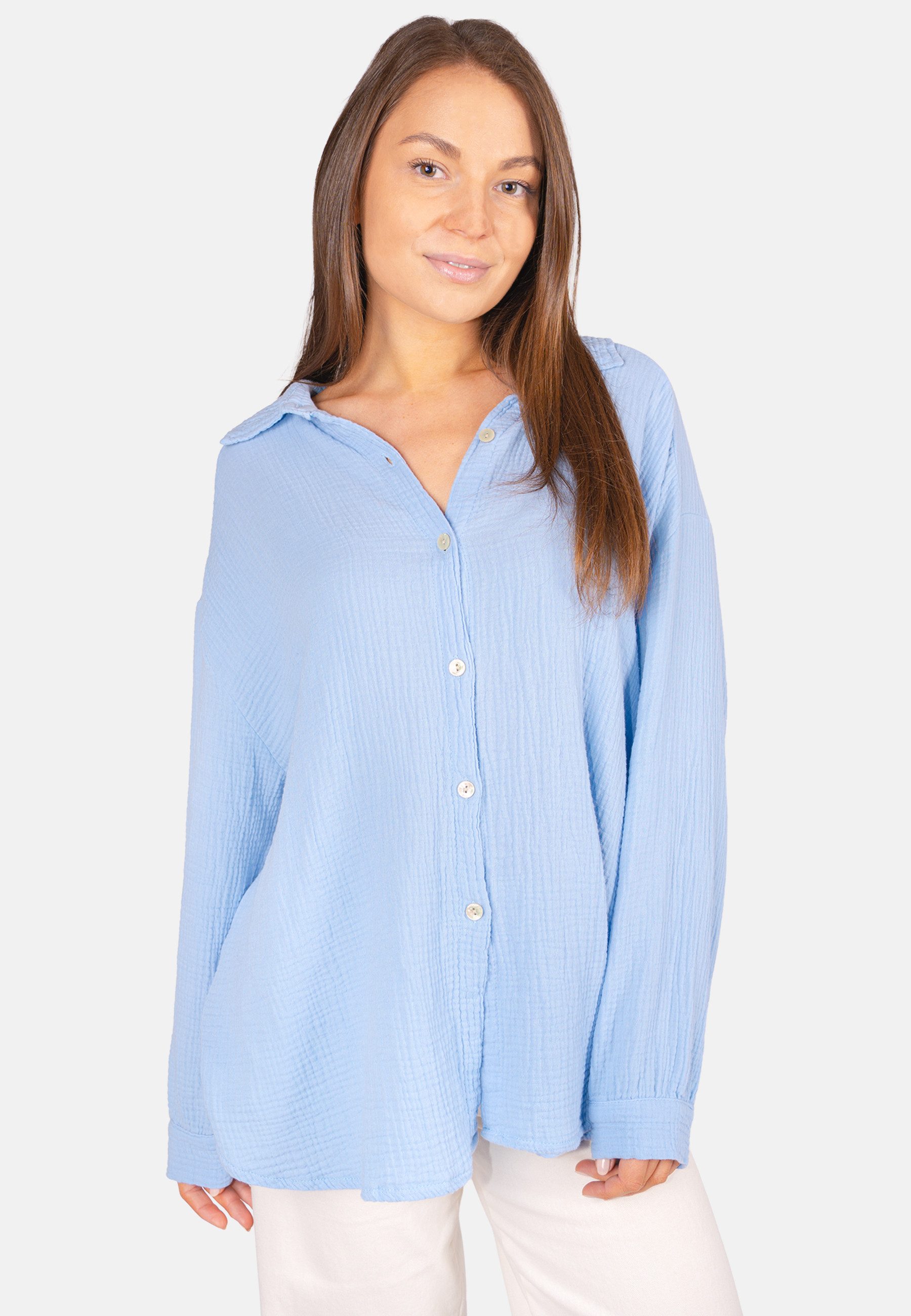 Seasons of April Hemdbluse Oversized Musselinbluse Sasha (1-tlg) Kurze Musselin Hemdbluse mit Knopfverschluss aus 100% Baumwolle