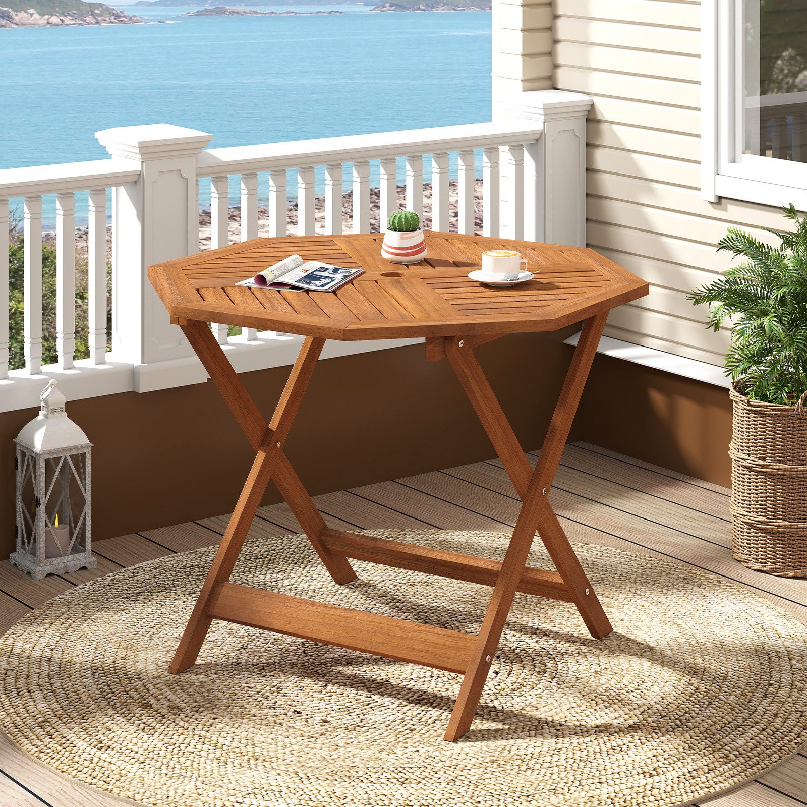 COSTWAY Gartentisch, 90cm Balkontisch mit Schirmloch, achteckiger Holztisch