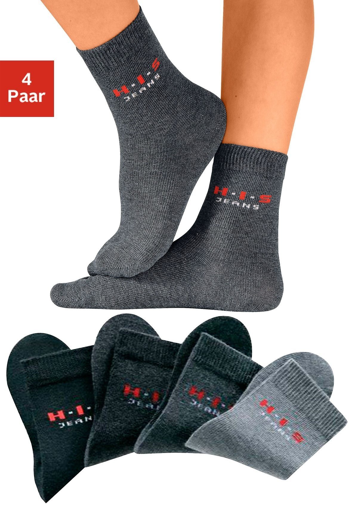 H.I.S Basicsocken (4-Paar) mit kontrasfarbenem Logo schwarz, anthrazit, grau, mittelgrau | Lange Socken