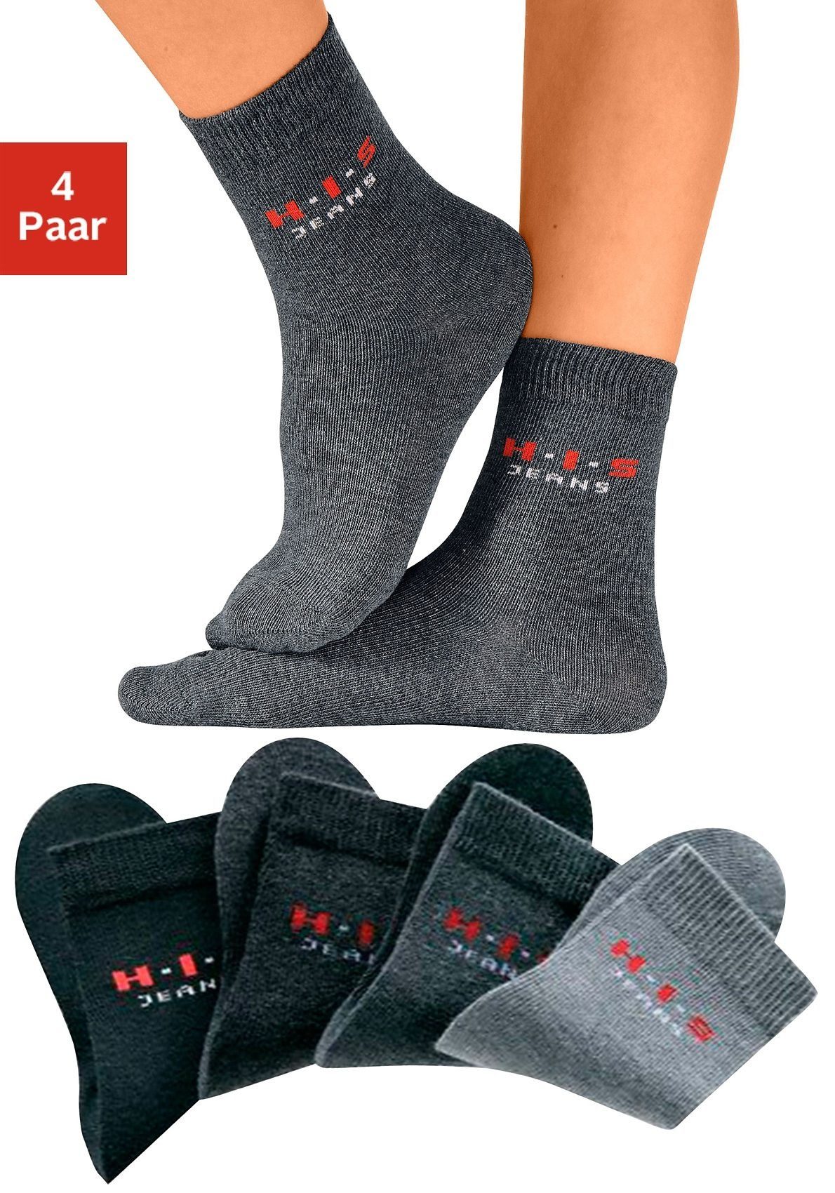 H.I.S Basicsocken (4-Paar) mit kontrasfarbenem Logo schwarz, anthrazit, grau, mittelgrau