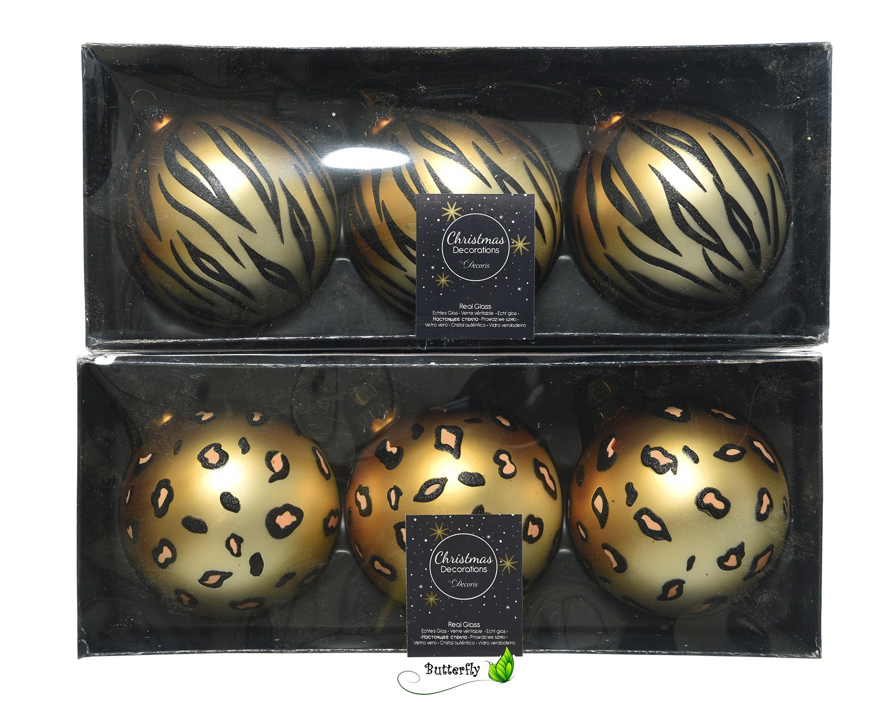 Decoris season decorations Tiger Set 8cm, + Weihnachtsbaumkugel, 6er Weihnachtskugeln Muster Leopard Glas