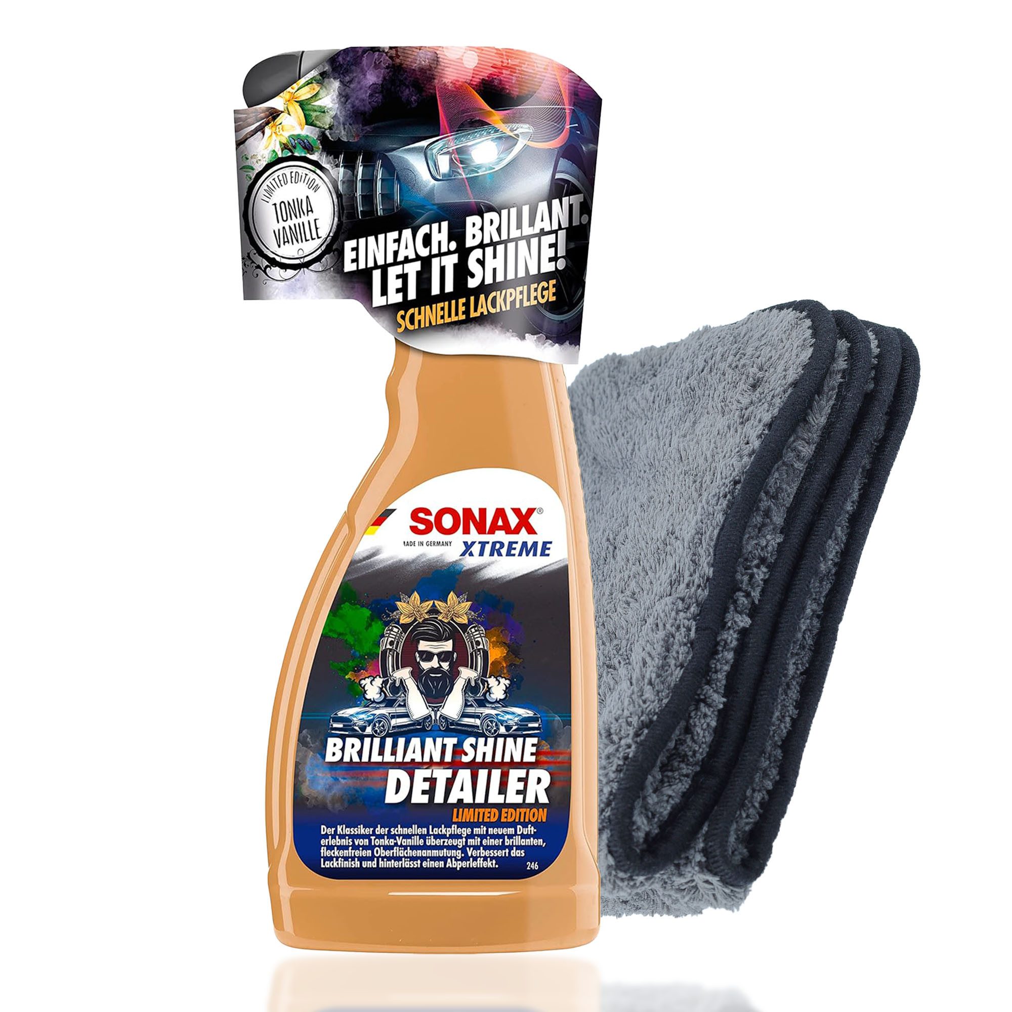 autopflege Auto Lackpflege Set SONAX Xtreme Brilliant Shine Detailer Lackreiniger (2-St. 500ml + Poliertuch 600 GSM 40x40cm für Wasserabperleffekt)