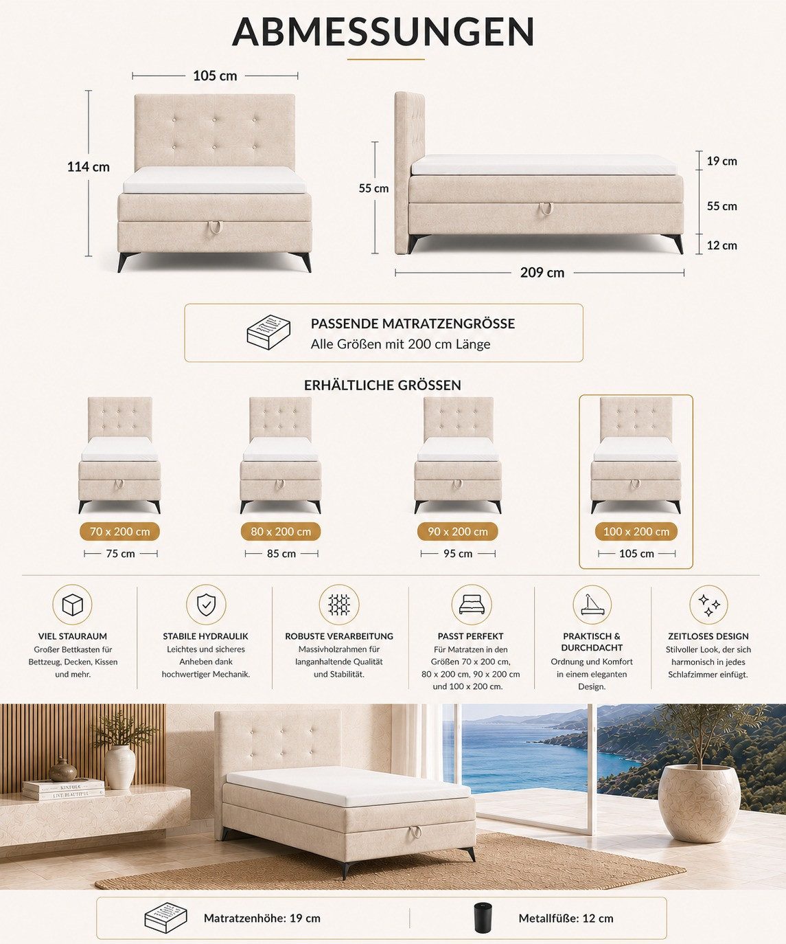 Best for Home Boxspringbett K15 Single SLIM mit Bettkasten & Bonellfederkern, Topper H3 (Boxspringbett Set, 1-St., 70x200 80x200 90x200 100x200 cm), mit oder ohne Topper, Flexible Liefermöglichkeiten, Handwerksqualität