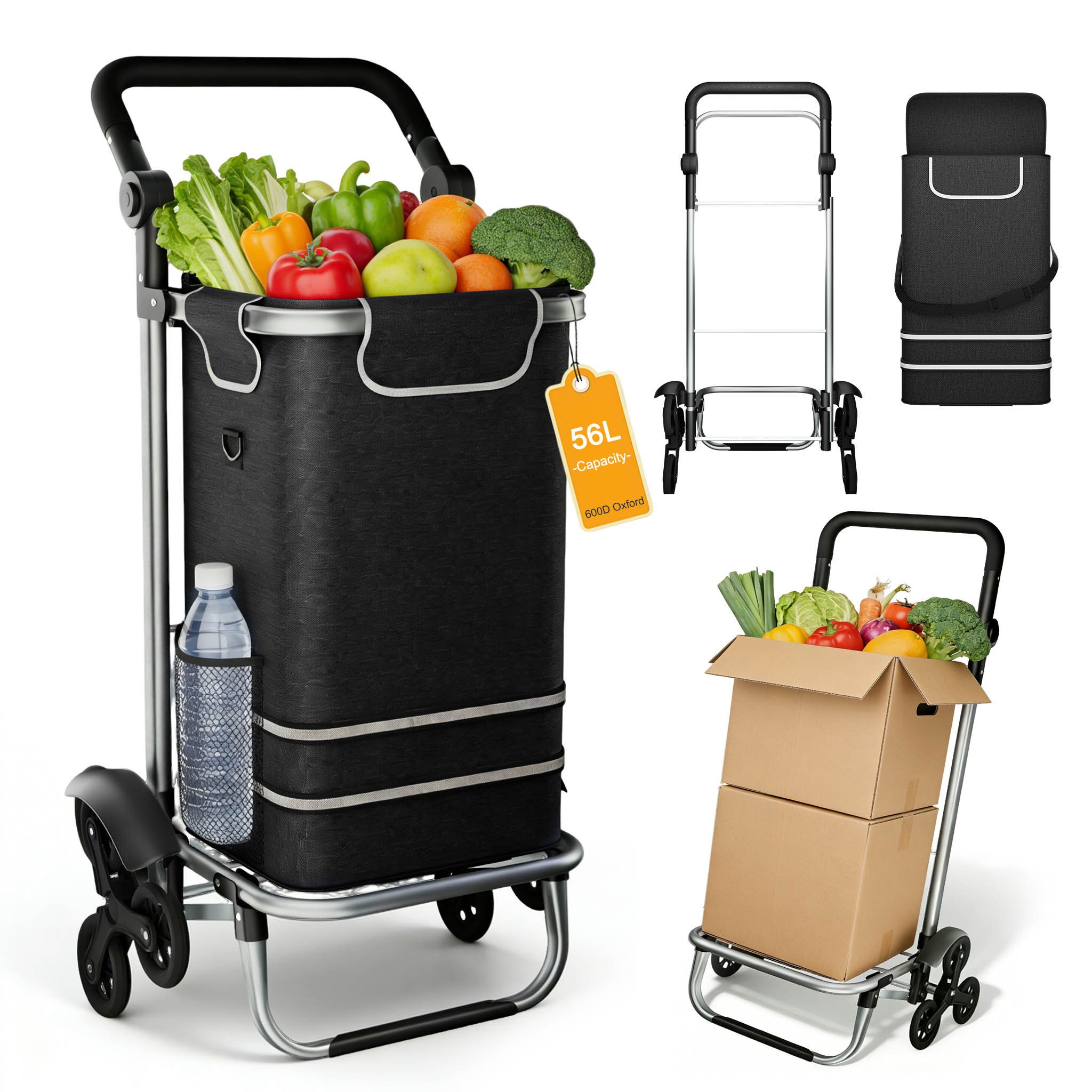 FIVMEN Einkaufstrolley 3 in 1 Treppensteiger Trolley mit Wasserdichter Tasche, 56L Einkaufswagen mit 3 Extra Großen Rädern, Schwarz/Blau