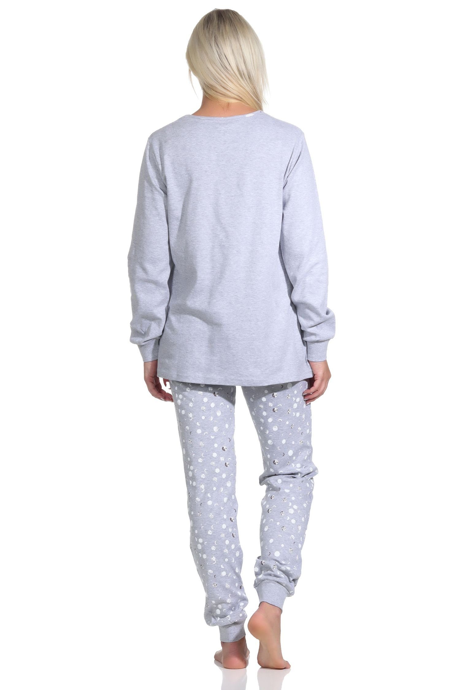 Damen Bündchen in Pyjama Kuschel mit grau-melange Interlock Normann lang Schlafanzug Qualität