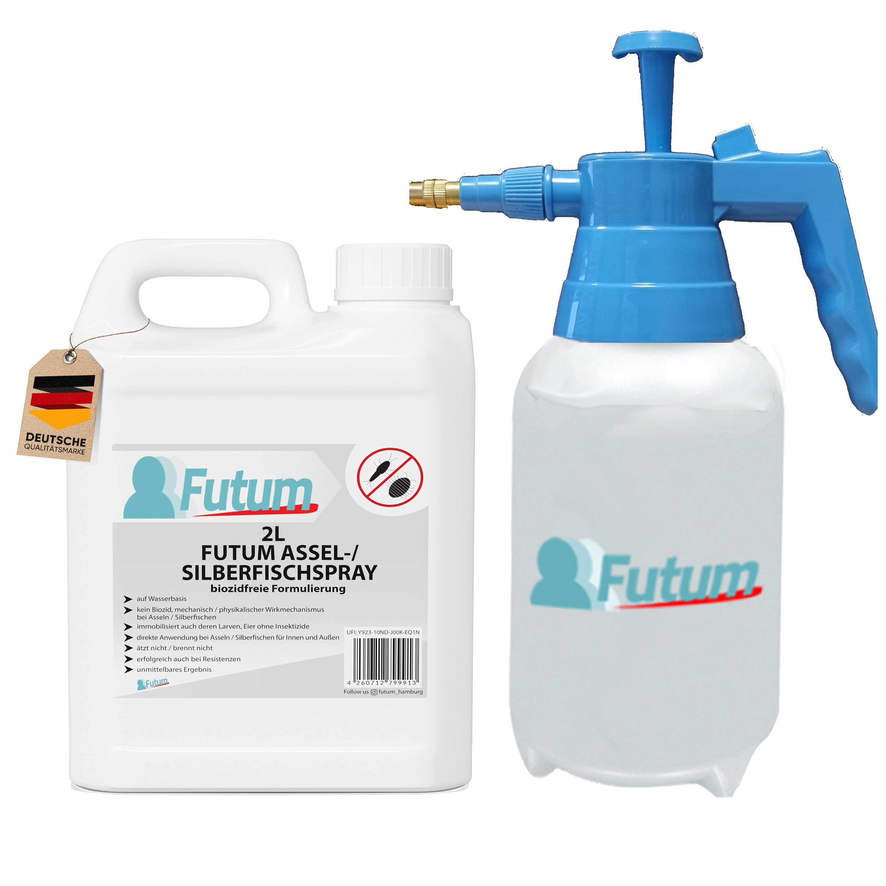 FUTUM Insektenspray Silberfisch Spray Mittel gegen Silberfische bekämpfen, 2 l, biozidfreie Formel, auf Wasserbasis, geruchsarm, brennt / ätzt nicht