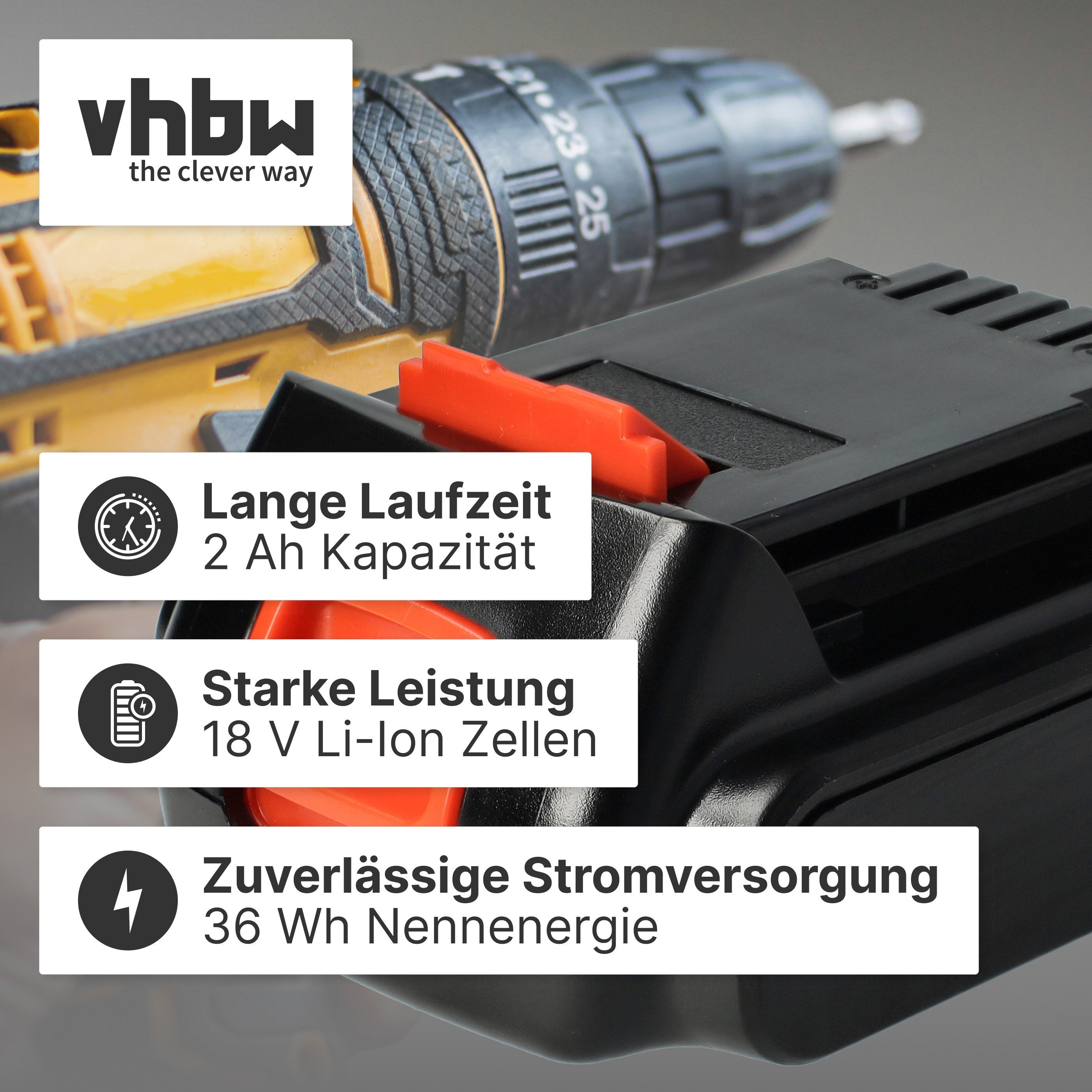 vhbw Akku passend für Black & Decker BDCCS18, BDCDC18K, BDCCF18, ASD, Akku Akku Li-Ion 2000 mAh (18 V, 1 St), Leistungsfähiger Austausch-Akku für Werkzeug Powertools wie