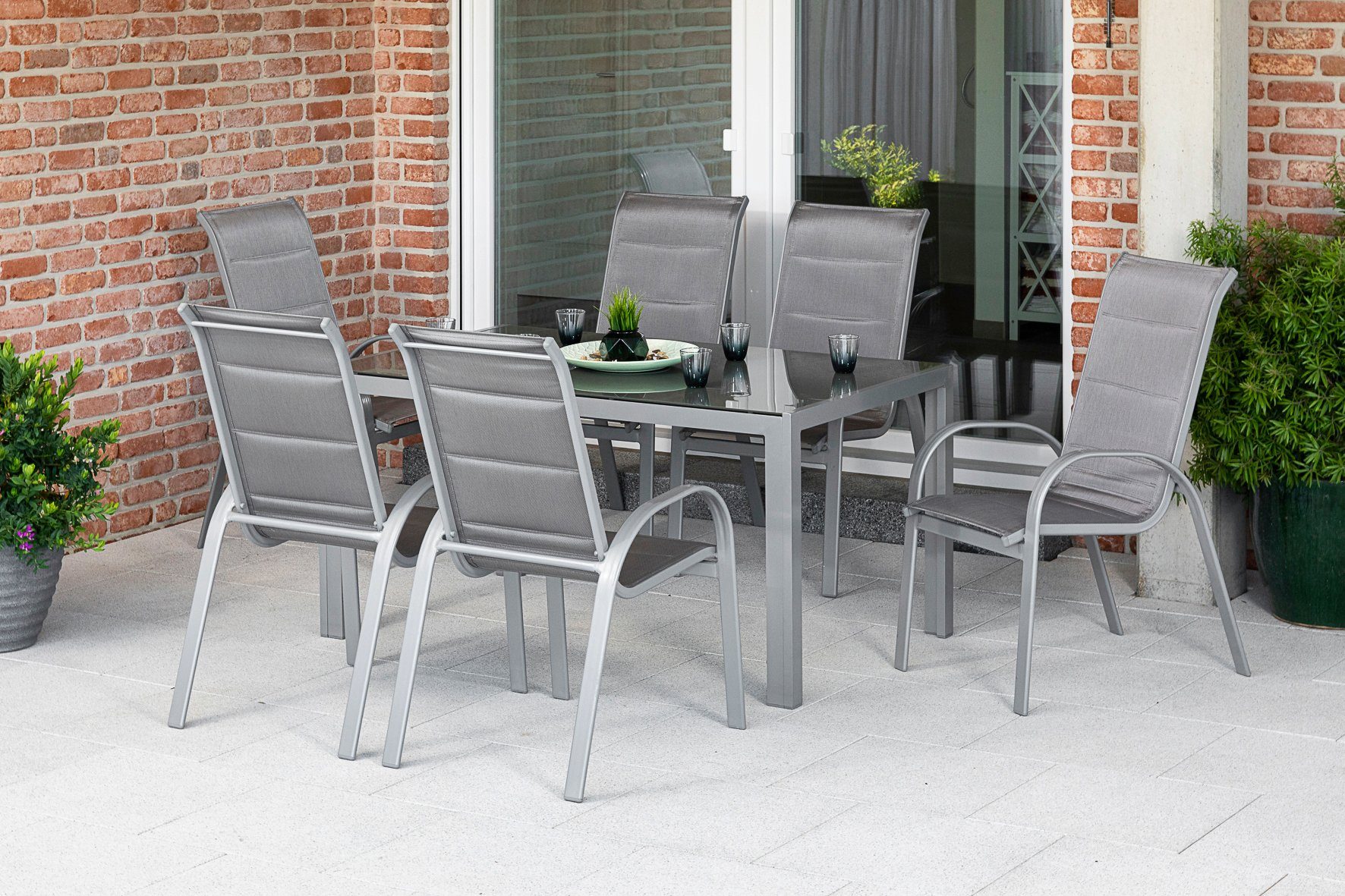 MERXX Garten-Essgruppe Amalfi di lusso, (7-tlg), 4 Stapelsessel, Hochlehner, Gartentisch