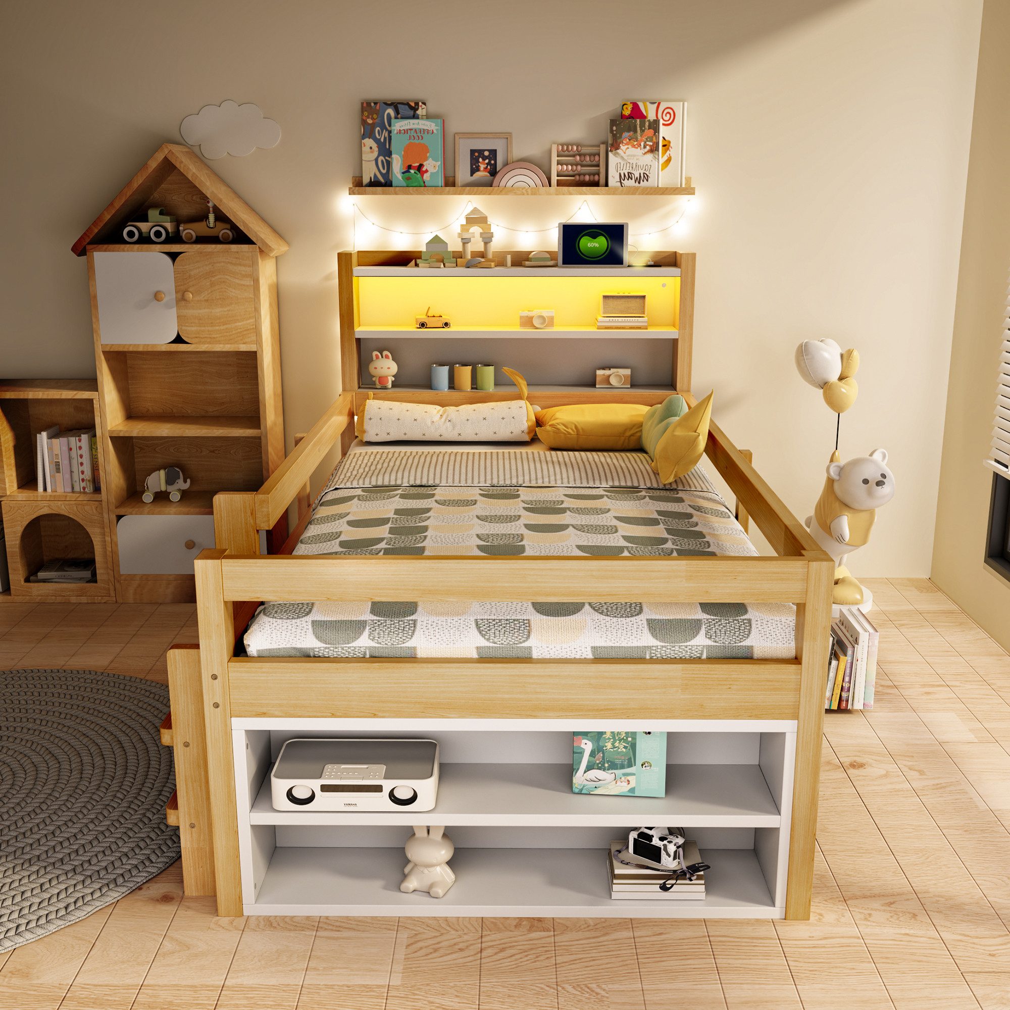 Flieks Kinderbett, Halbhochbett 90x200cm, Schrank mit Schiebetüren, LED-Leiste & Aufladen