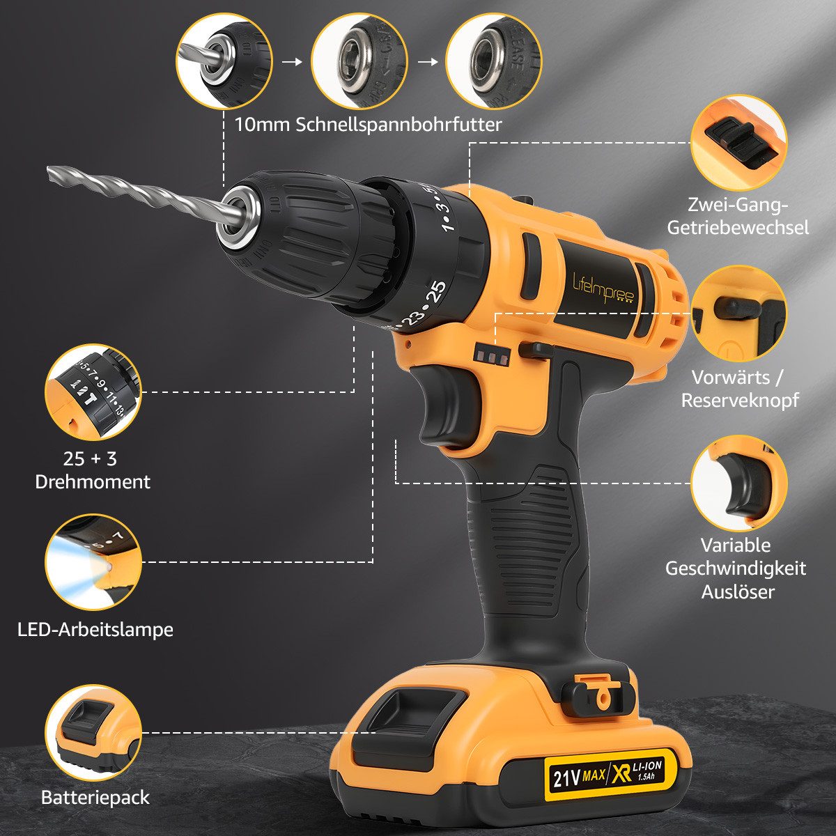 LifeImpree Akku-Bohrschrauber 21V Akkuschrauber Set, Akkubohrer mit 108PCS Werkzeugkoffer, max. 1850 U/min, 45 N.m Max, mit 2 x 1500mAh Akkus, 2 Gang, 25+3 Drehmomentstufen