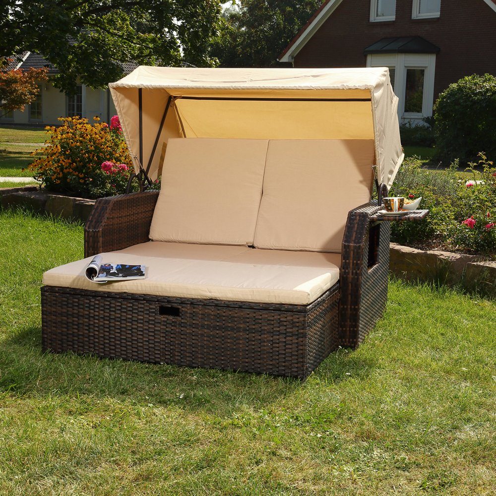 Feel2Home Strandkorb Strandkorb Braun Garten Sonnendach Sonnenliege Sonnenbett Polyrattan, BxTxH: 145x143x130 cm, (Stück, 1-tlg), Sonnenschutzdach