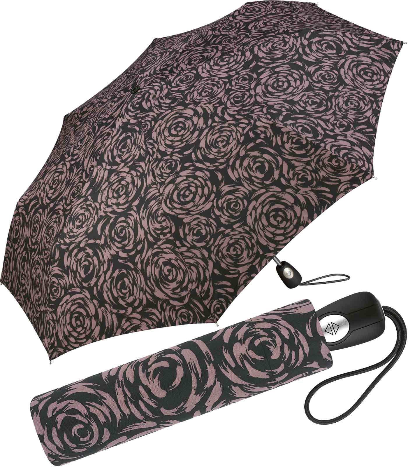 Pierre Cardin Taschenregenschirm schöner Damen-Regenschirm Rosenblütenmalerei mauve wunderschöner mit mit Auf-Zu-Automatik