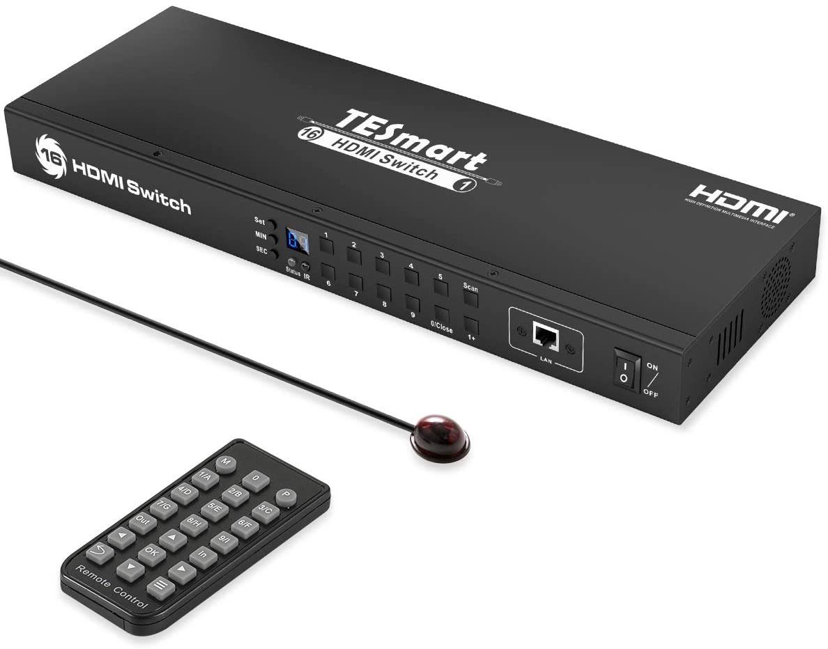 TESmart 16 Port HDMI Switch 4K mit Fernbedienung, 16x1 HDMI Switch  unterstützt 4K@30Hz UHD 1080p@60Hz HDCP 1.4 Kompatibel mit HDTV DVD Xbox PS4  Apple Roku TV-Matte Black HSW1601A10 Computer-Adapter