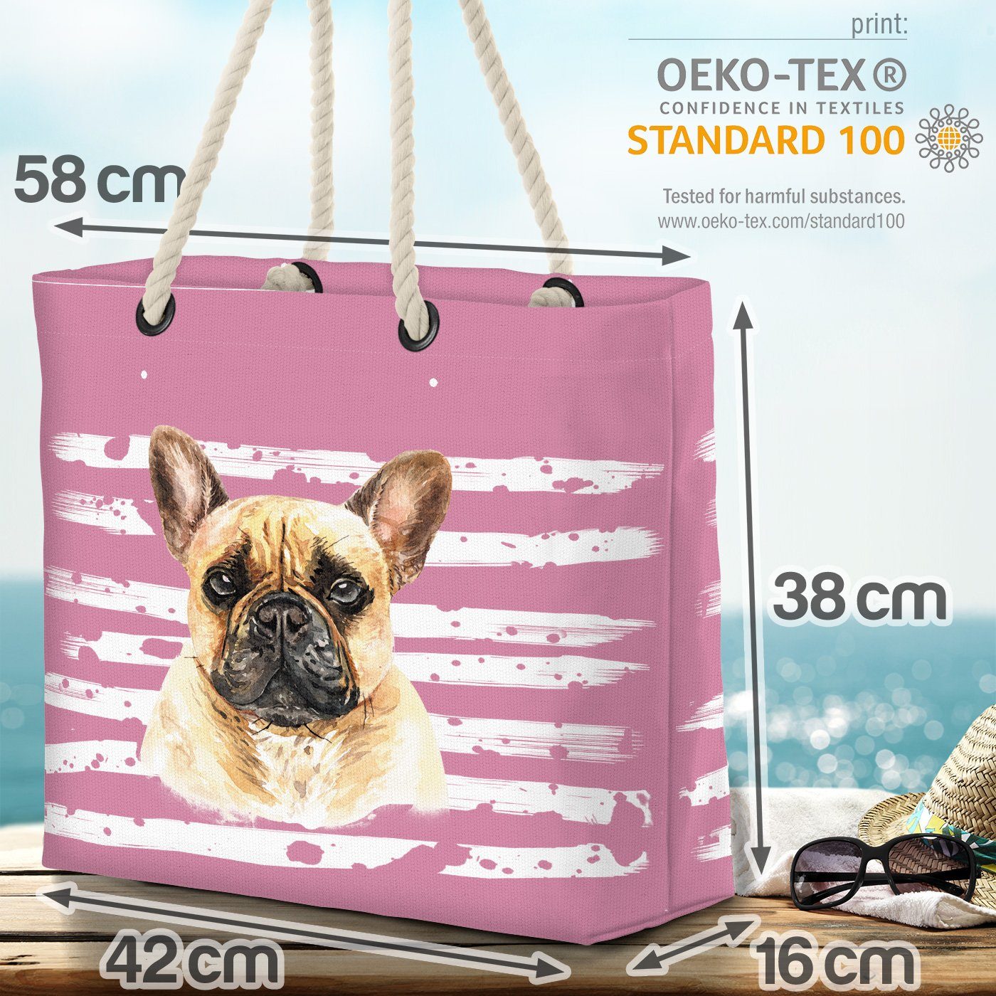 VOID Strandtasche (1-tlg), Frenchie Hund rosa Bulldogge Französische