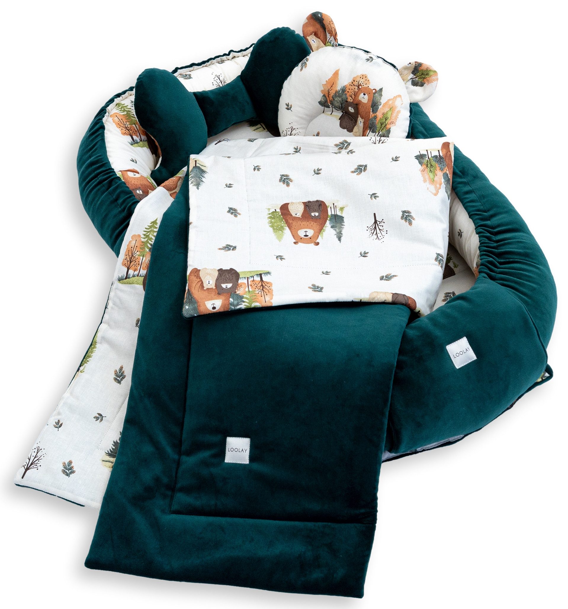 Loolay Kuschelnest BABYNEST 5 TLG. Set PREMIUM Babyausstattung Baumwolle & Samt Velours, (MUSTER: GRÜN Samt Velour/ Beige Bärchen Familie, 5-tlg., Liebevoll handgefertigt Nestchen! Geborgenheit Komfort für Neugeborene), Premium Ausstattung - 100% Europäis