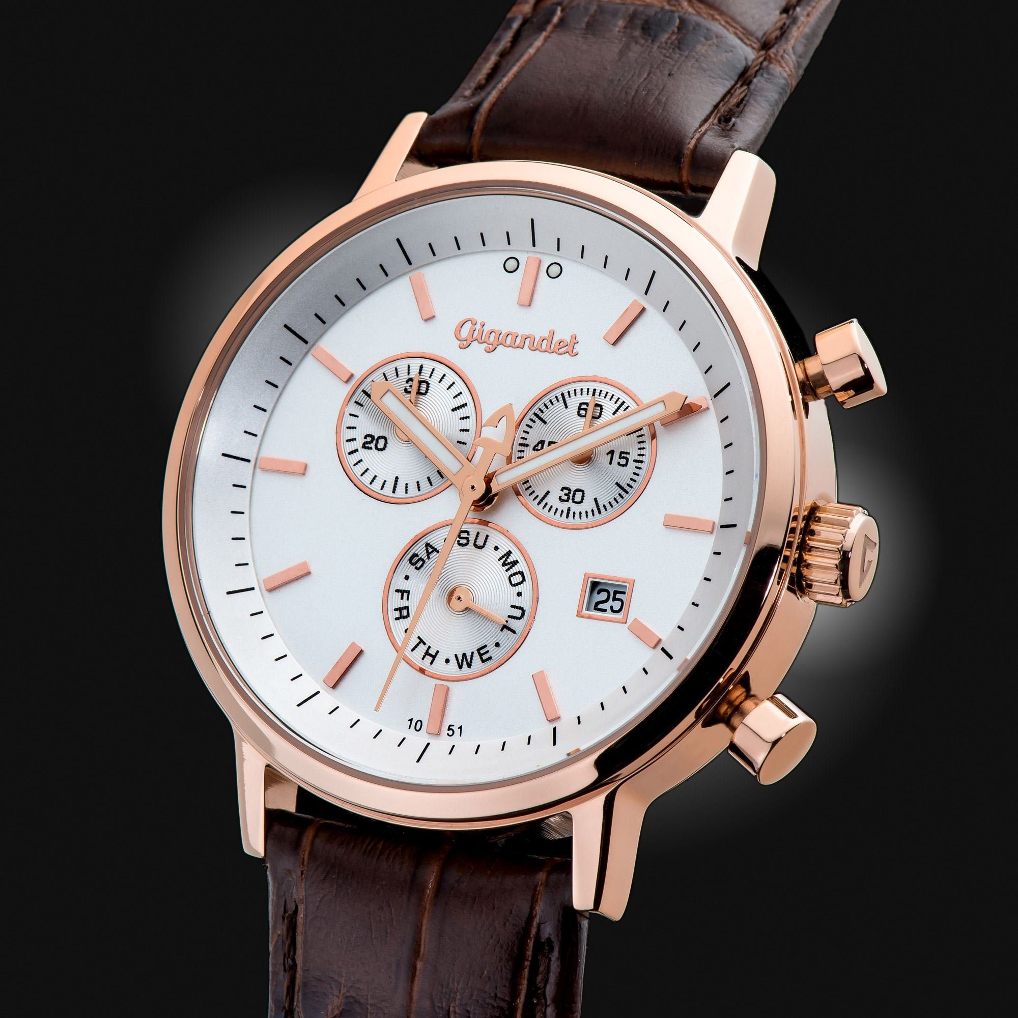 Gigandet Chronograph Armbanduhr, Herrenuhr, Stoppuhr, 41mm, CLASSICO G6-006, Mineralglas, Tages- und Datumsanzeige, Lederband, 5bar/50m wasserdicht
