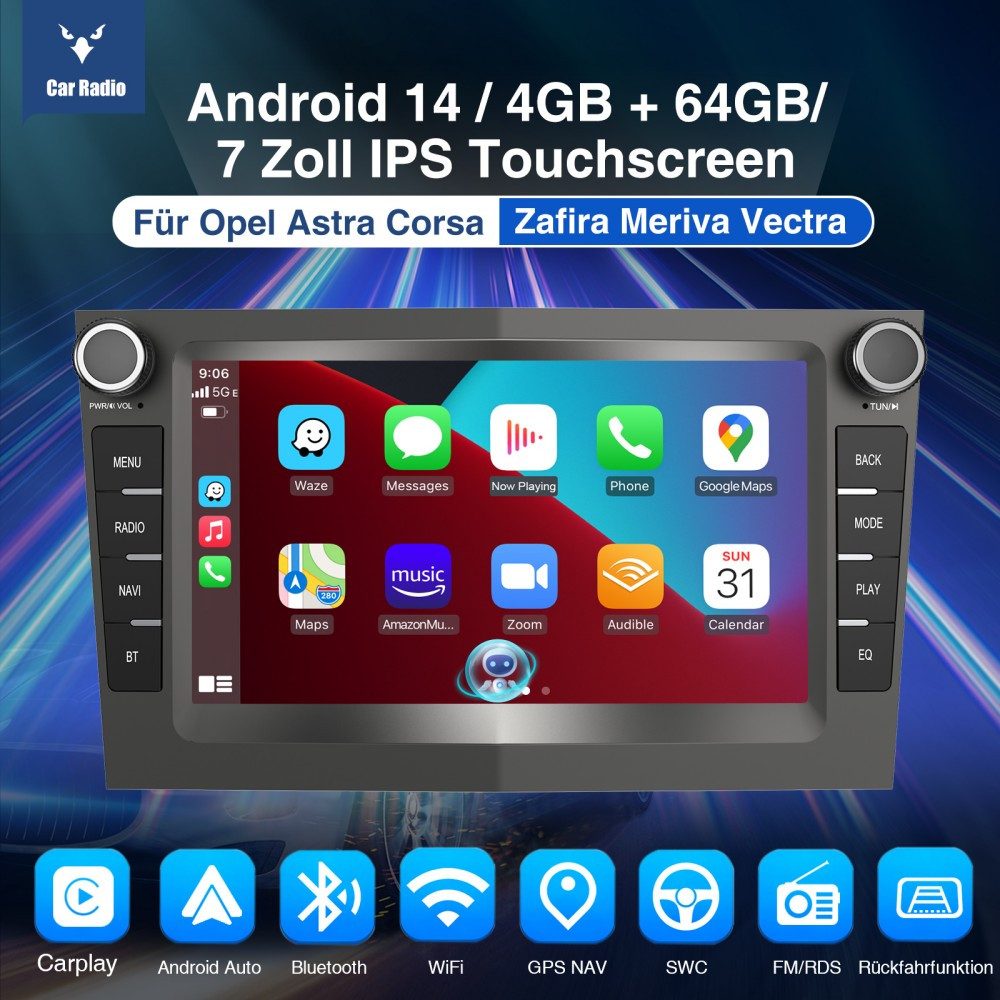 ESSGOO 7" Android 14 Carplay GPS Für Opel Astra H Corsa C D Vectra C Zafira Autoradio (DAB+ (optional), FM, RDS, Wireless Android Auto FM RDS Bluetooth EQ USB WIFI Touchscreen SWC)