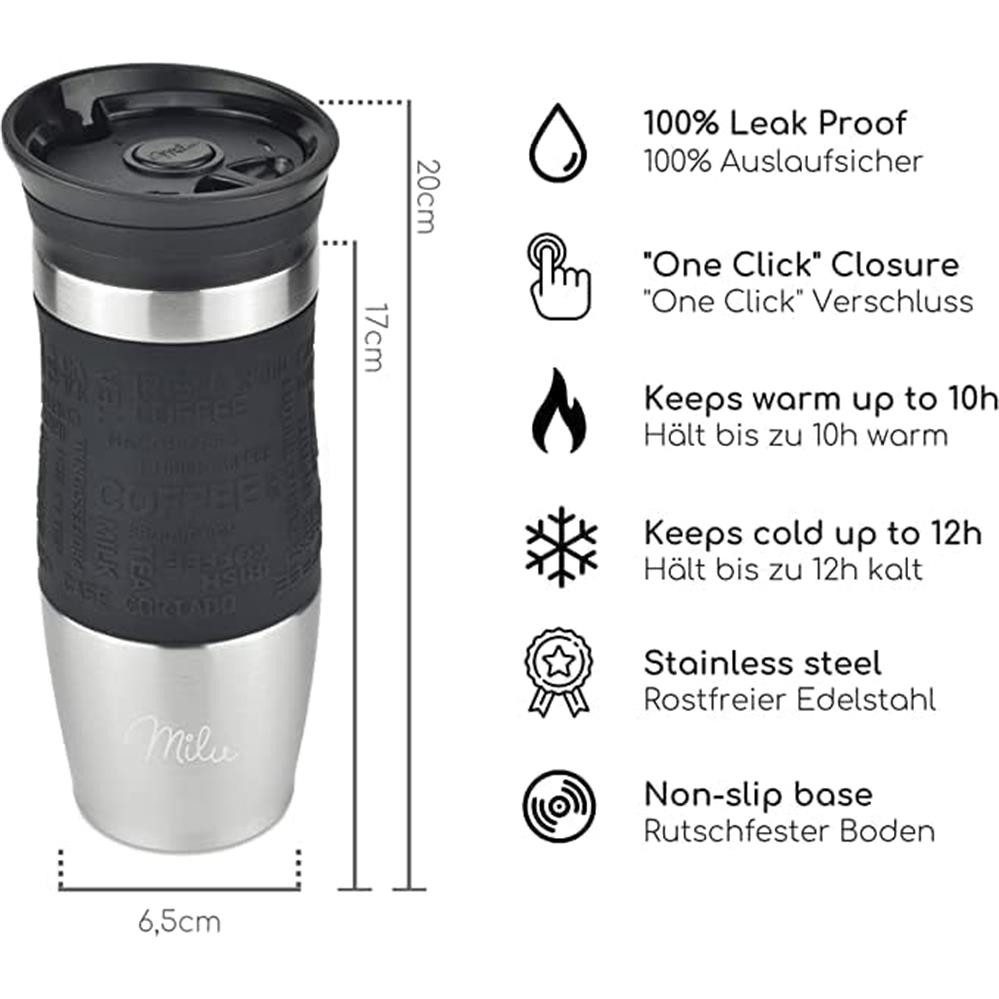 Milu Thermobecher Kaffee to go 370ml, Isolierbecher Kaffeebecher, Autobecher, silber, schwarz
