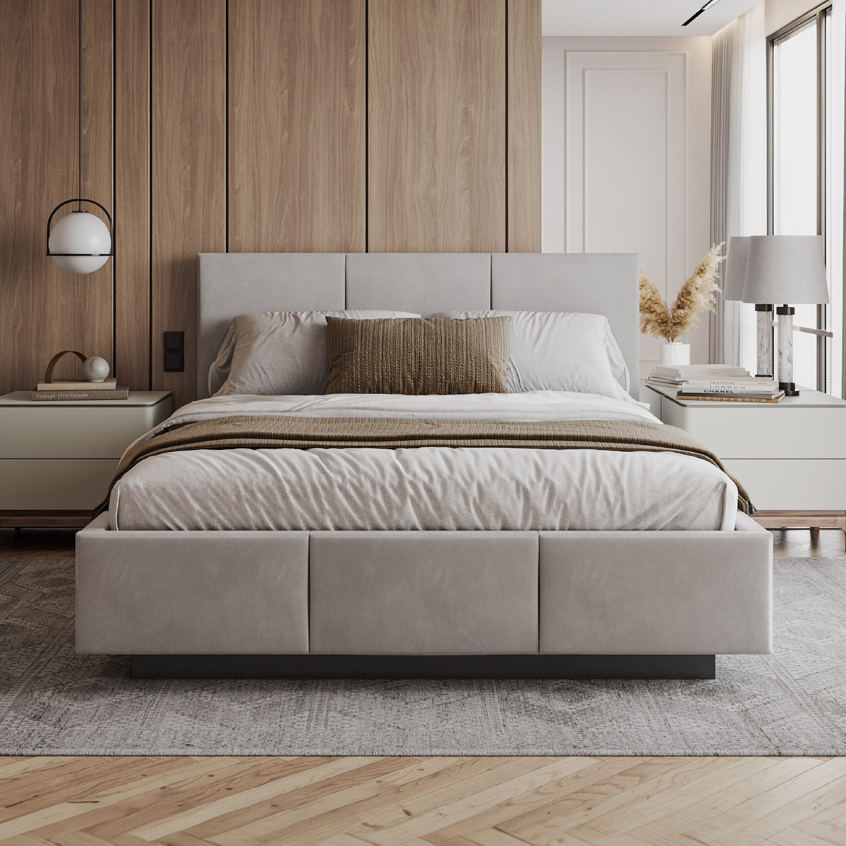 FDM Polsterbett ALMADA modern mit Bettkasten MADE IN EU - mit Trinity Velours Bezug (verfügbar 90x200 120x200 140x200 160x200 180x200cm, Bettrahmen, Bett, mit großen gepolsterten Kopfteil, mit Bettkasten zum aufklappen), Hebbarer Metallrahmen, Bettkasten, mit/ohne Matratze