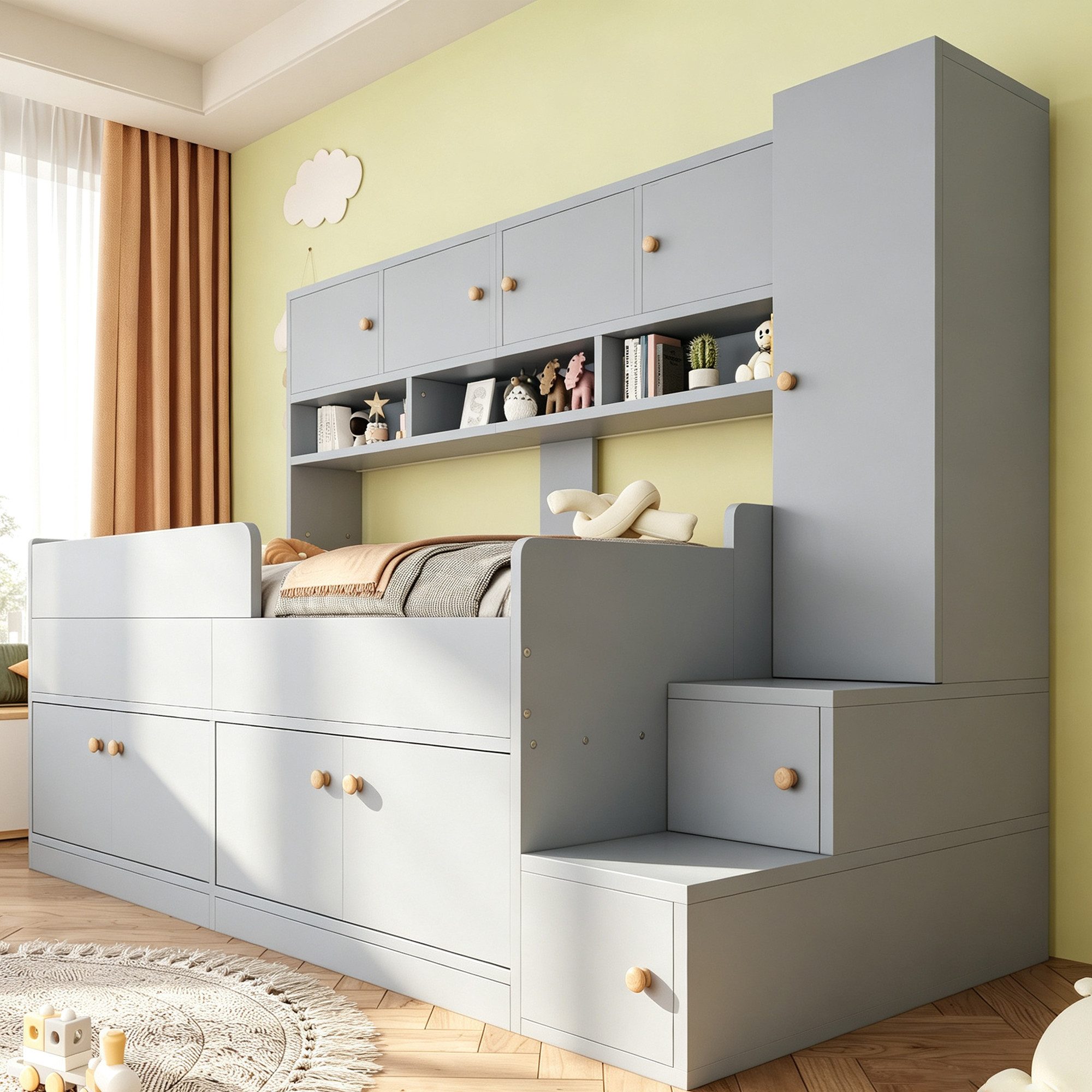 Flieks Kinderbett, Holzbett 90×200cm mit vielem Stauraum Kleiderschrank LED-Beleuchtung