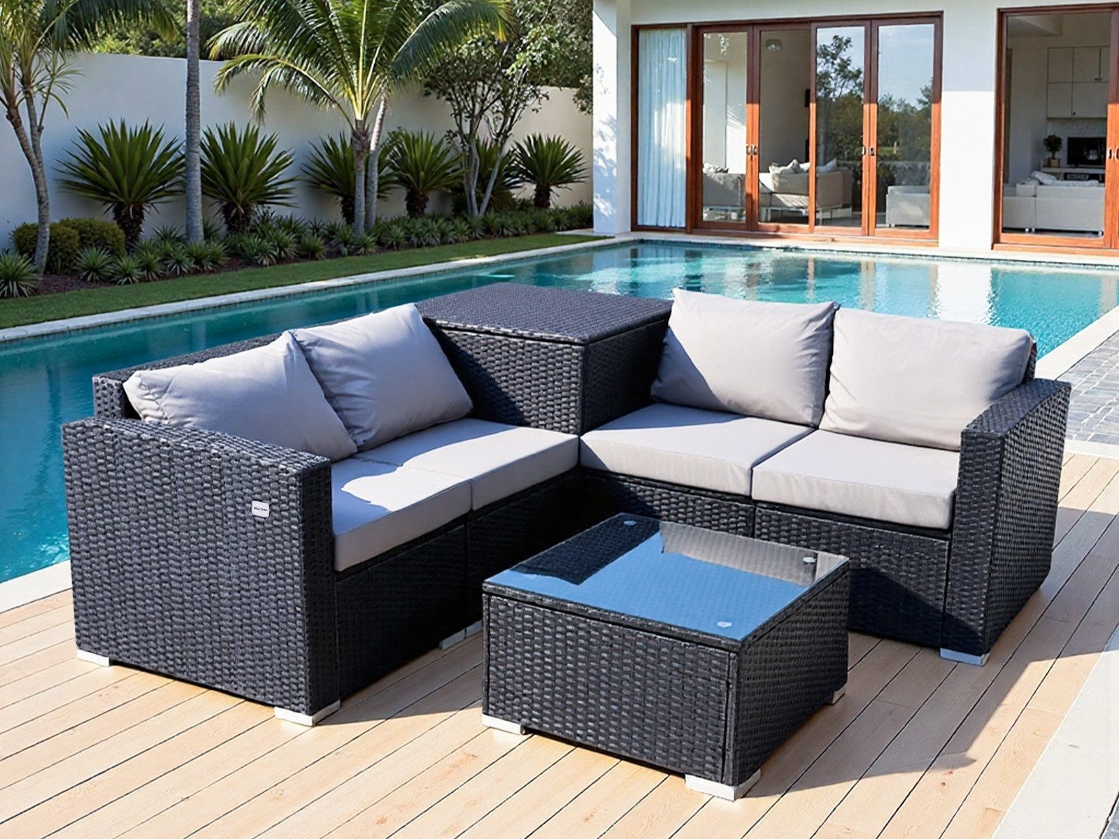 HOMAVO Gartenlounge-Set mit Beistelltisch, Aufbewahrungsbox & Abdeckung, (Set, 7-tlg, Gartenmöbel set 4 Personen)