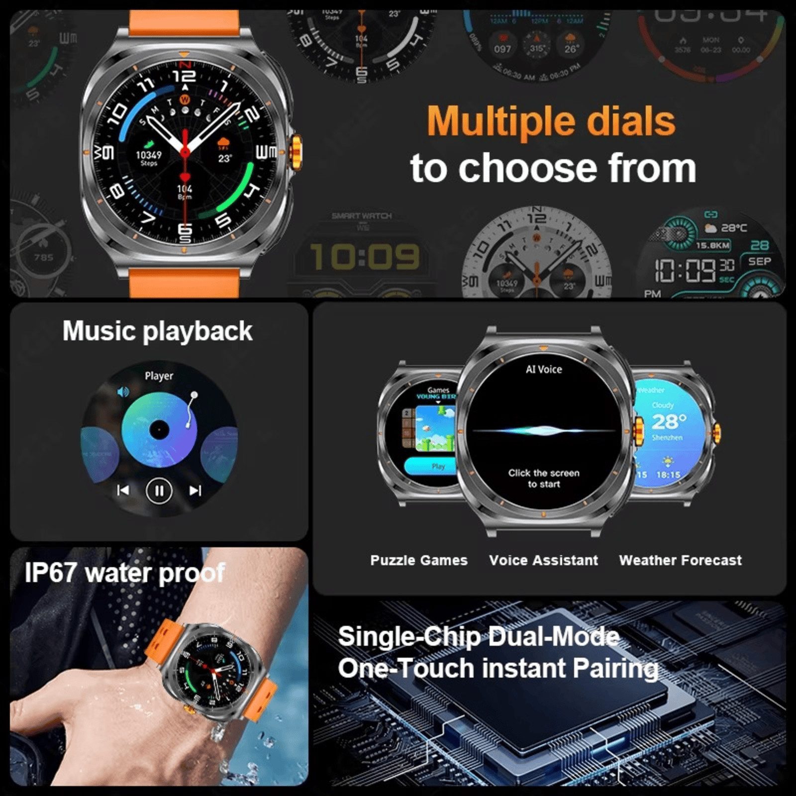 Nagham Ghazal Aswad Smartwatch Amoled BT Anruf Outdoor Sport Kompass Elegant 2025 Smartwatch (3,9cm cm), Ink. Earbuds