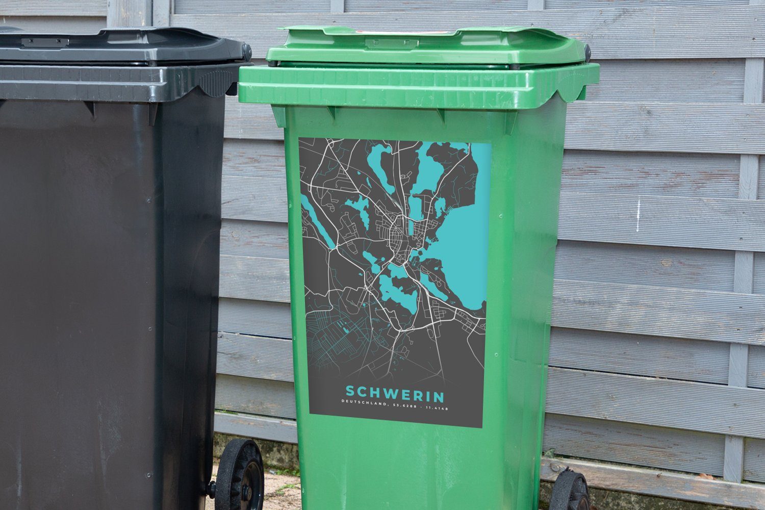 MuchoWow Wandsticker Deutschland - Blau Container, Mülltonne, Mülleimer-aufkleber, Sticker, - St), (1 Abfalbehälter Karte - - Schwerin Stadtplan