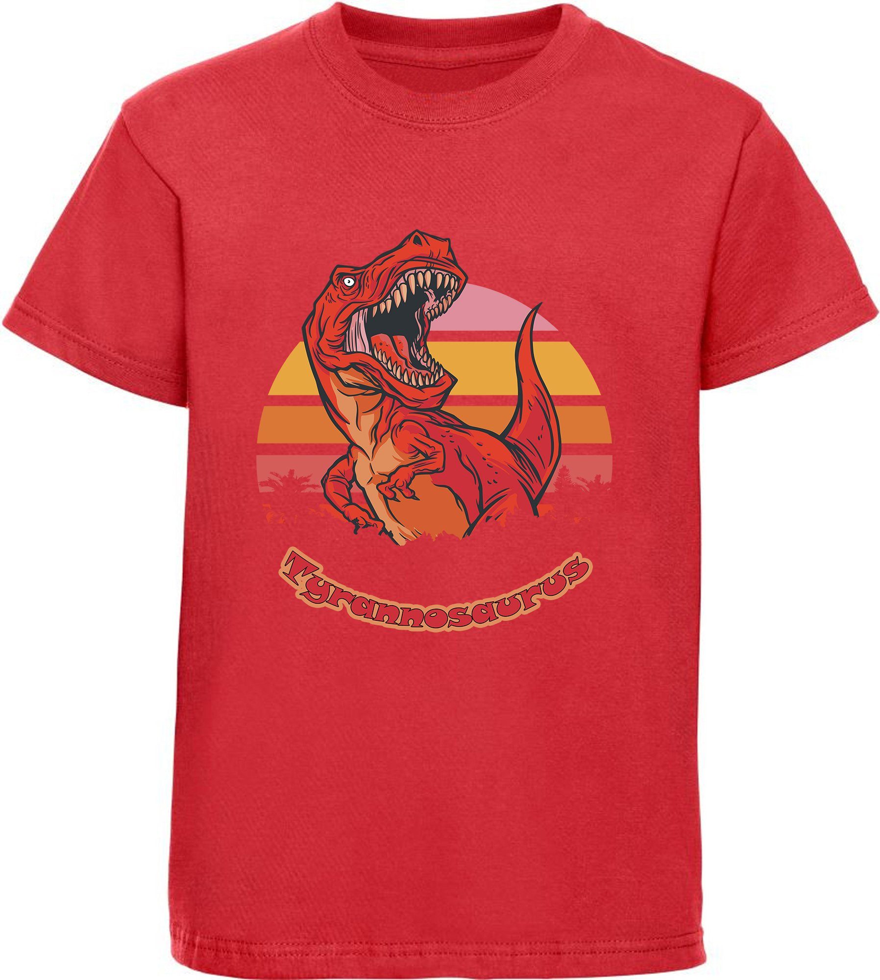 MyDesign24 Print-Shirt bedrucktes Kinder T-Shirt mit roten brüllendem T-Rex Baumwollshirt mit Dino, schwarz, weiß, rot, blau, i100 | T-Shirts