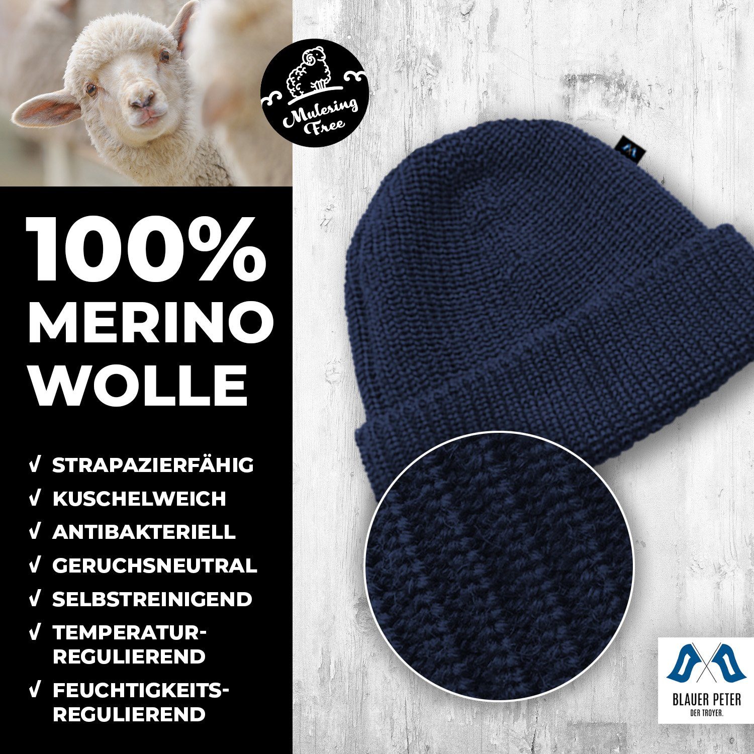 Peter 1-St) Blauer in Merino Strickmütze (Packung, Perlfang-Optik aus Oliv