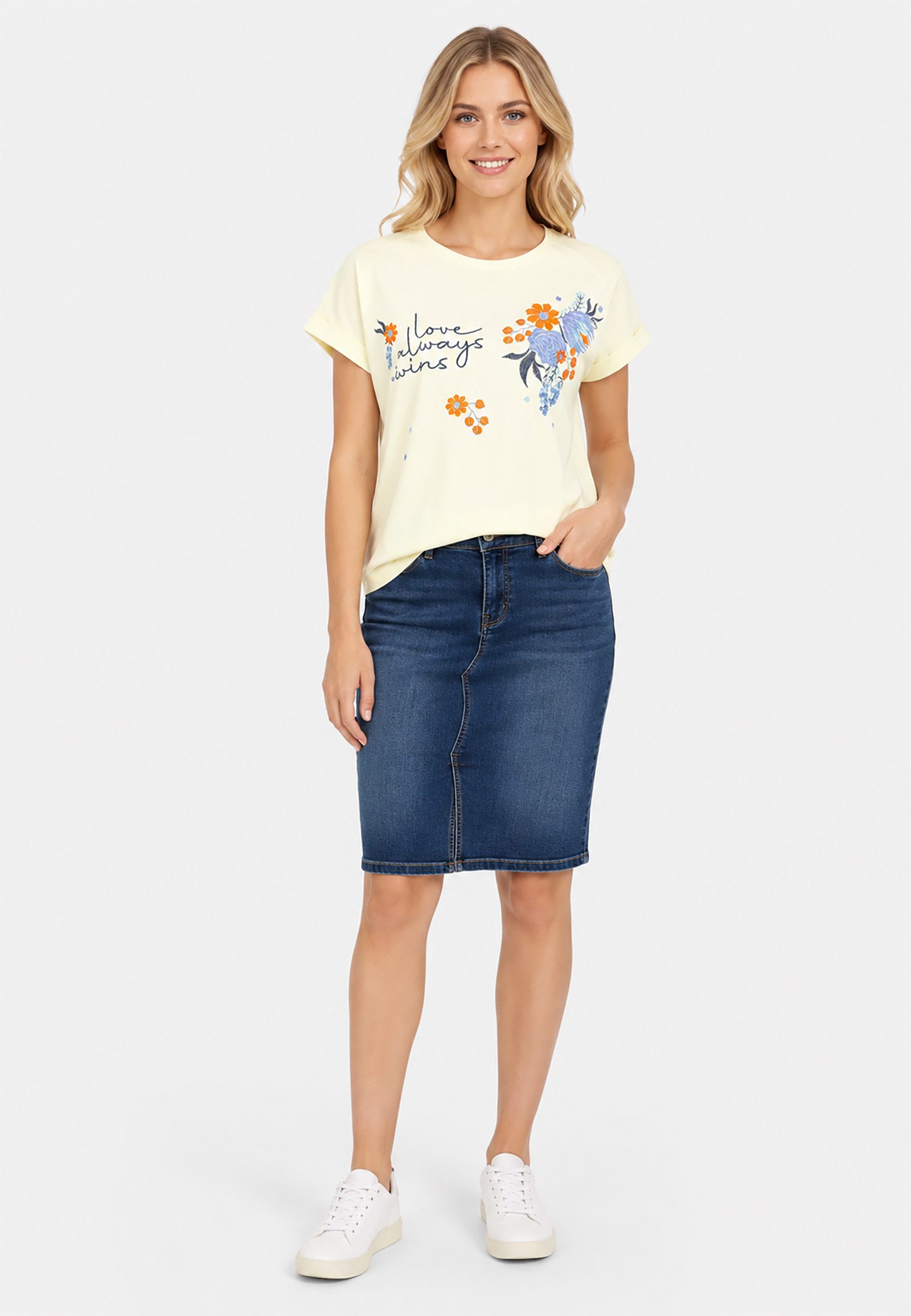 Eight2Nine T-Shirt Blumenstickerei Rundhals Kurzarm Gekrempelter Ärmelsaum für Damen (1-tlg) D12022M02843A_T-shirts
