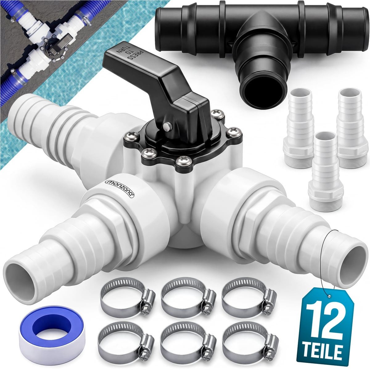 monzana Sandfilteranlage, Bypass-Set 12-teilig 3 Wege Ventil 3x Schlauchadapter Ø32/38mm