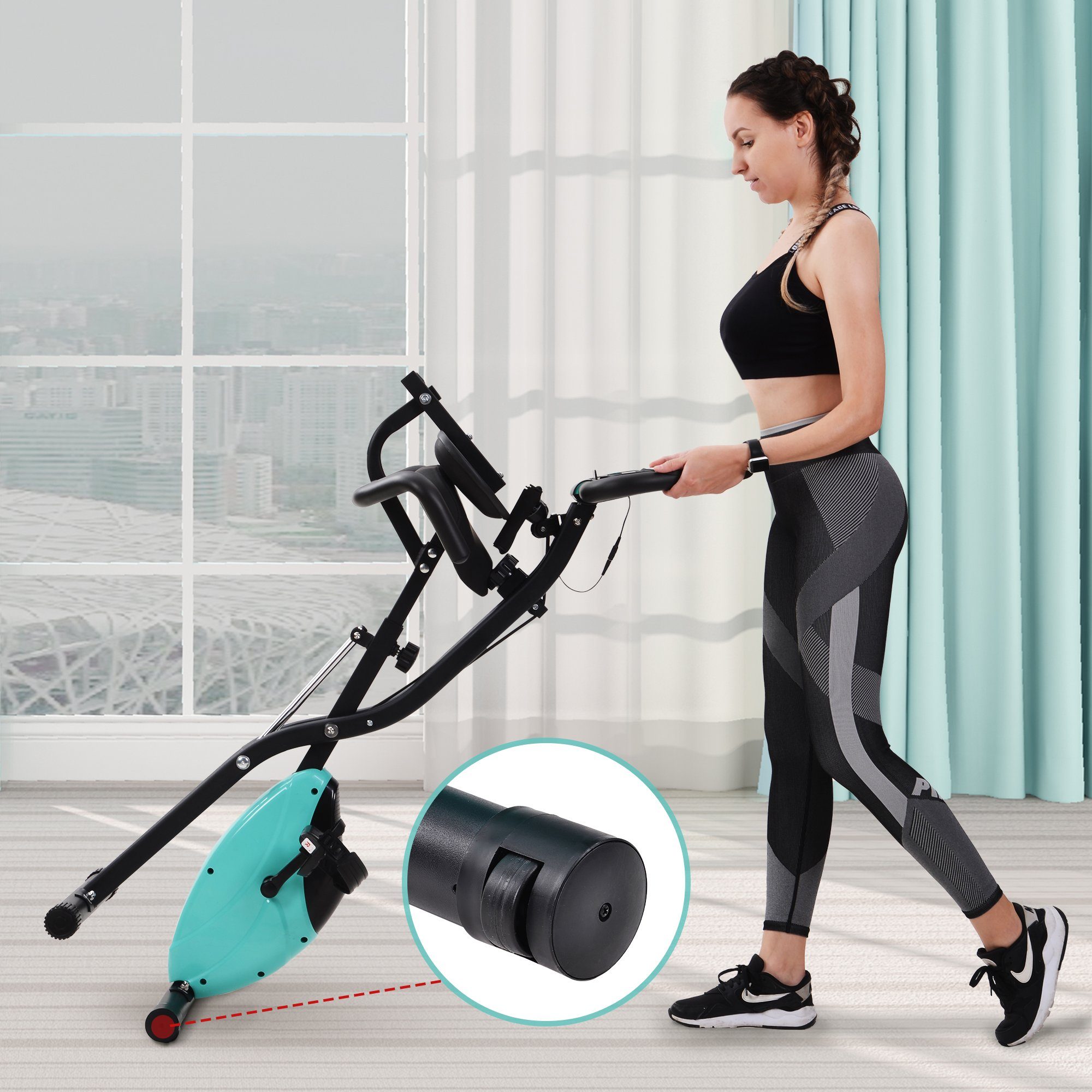 Heimtrainer (magnetische faltbares Fitnessfahrrad), 3-in-1 X-bike mit Expanderbänder, 10 Widerstandsstufen, Max 120 kg