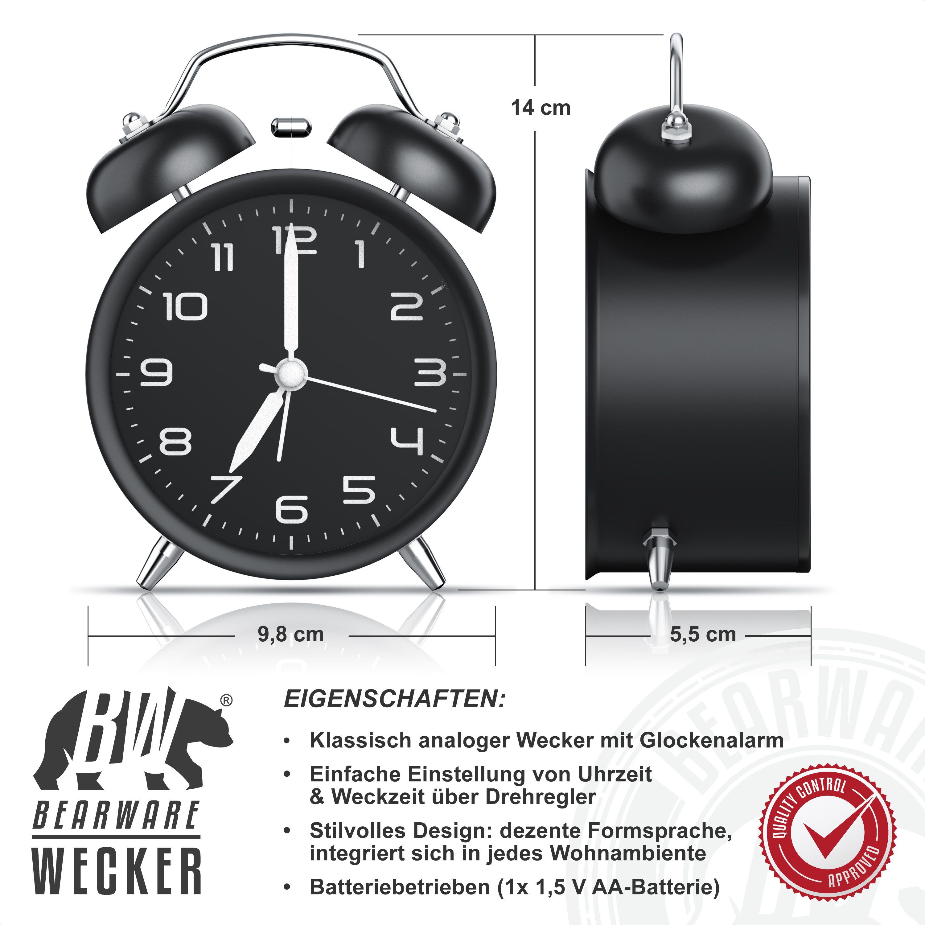 BEARWARE Wecker Analog, rund, mit Licht, Retro, lauter Glockenalarm für Tie günstig online kaufen
