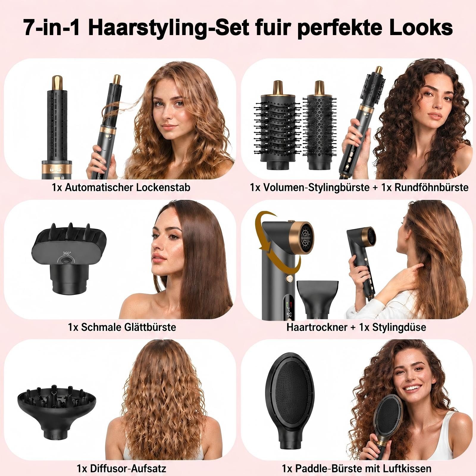 SWGOTA Multihaarstyler 7 in 1 Hairstyler -Trocknen,Glätten,Locken & Volumen Warmluftbürste, 200Mio. Ionen gegen Frizz,1300W,110.000 U/min Motor & 40 m/s Luftstrom