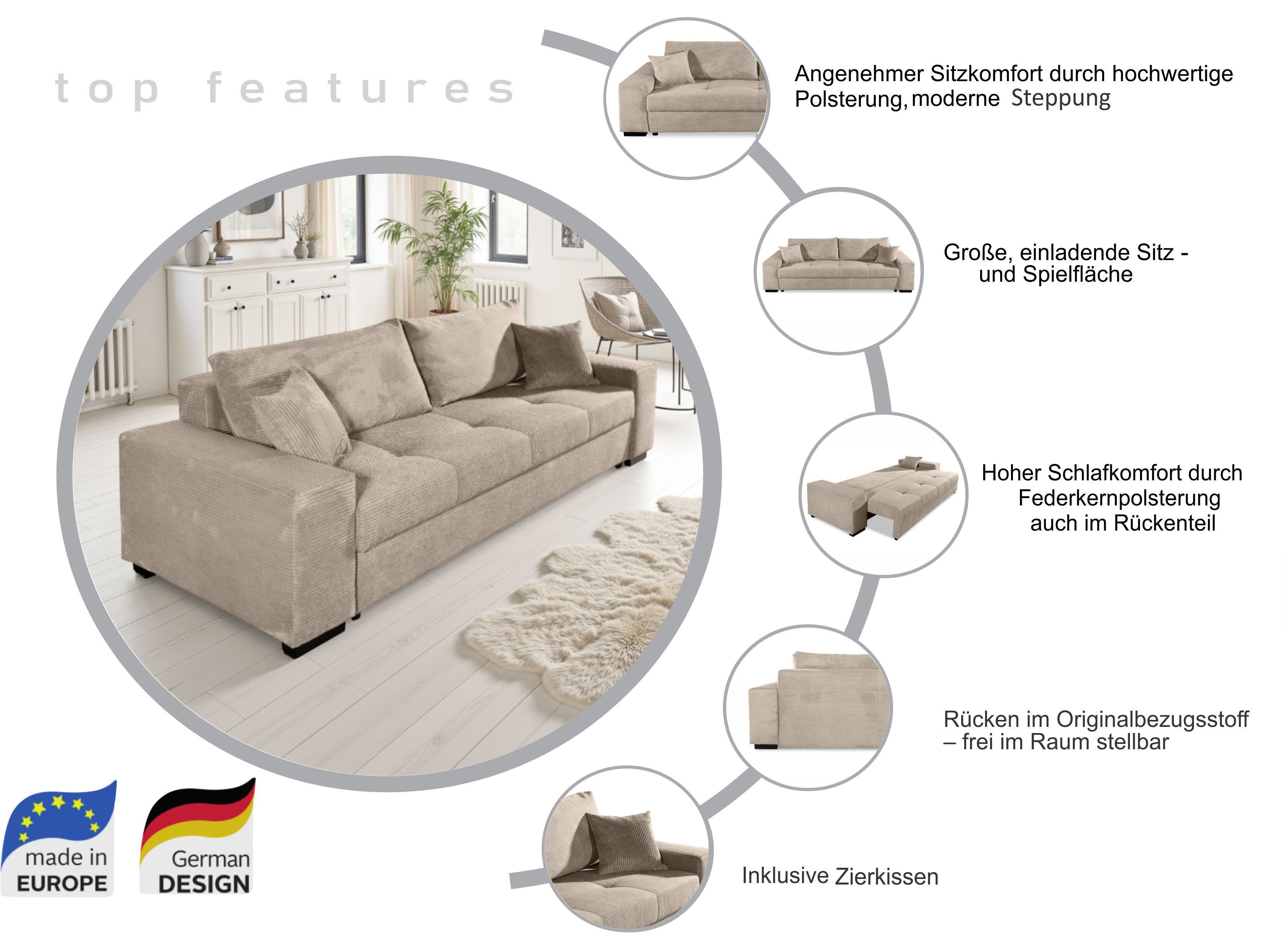 COLLECTION AB Schlafsofa Kreta, B: 248 cm, Liegefl. 137x195 cm, Schlaffunktion, Bettkasten & 2 Zierkissen, optional mit Topper