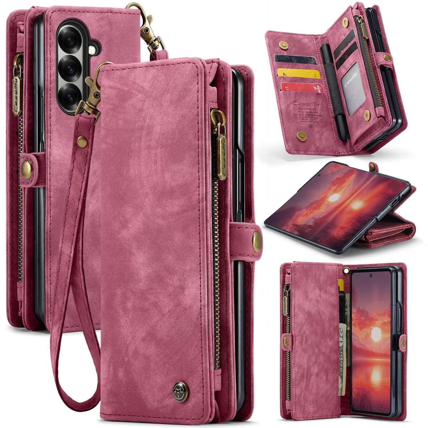 CaseMe Handyhülle Für Samsung Galaxy Z Fold7 5G Kunstleder 008 Multifunktion Hülle Rot, Kunstleder Schutz Tasche Smart Case Multifunktion