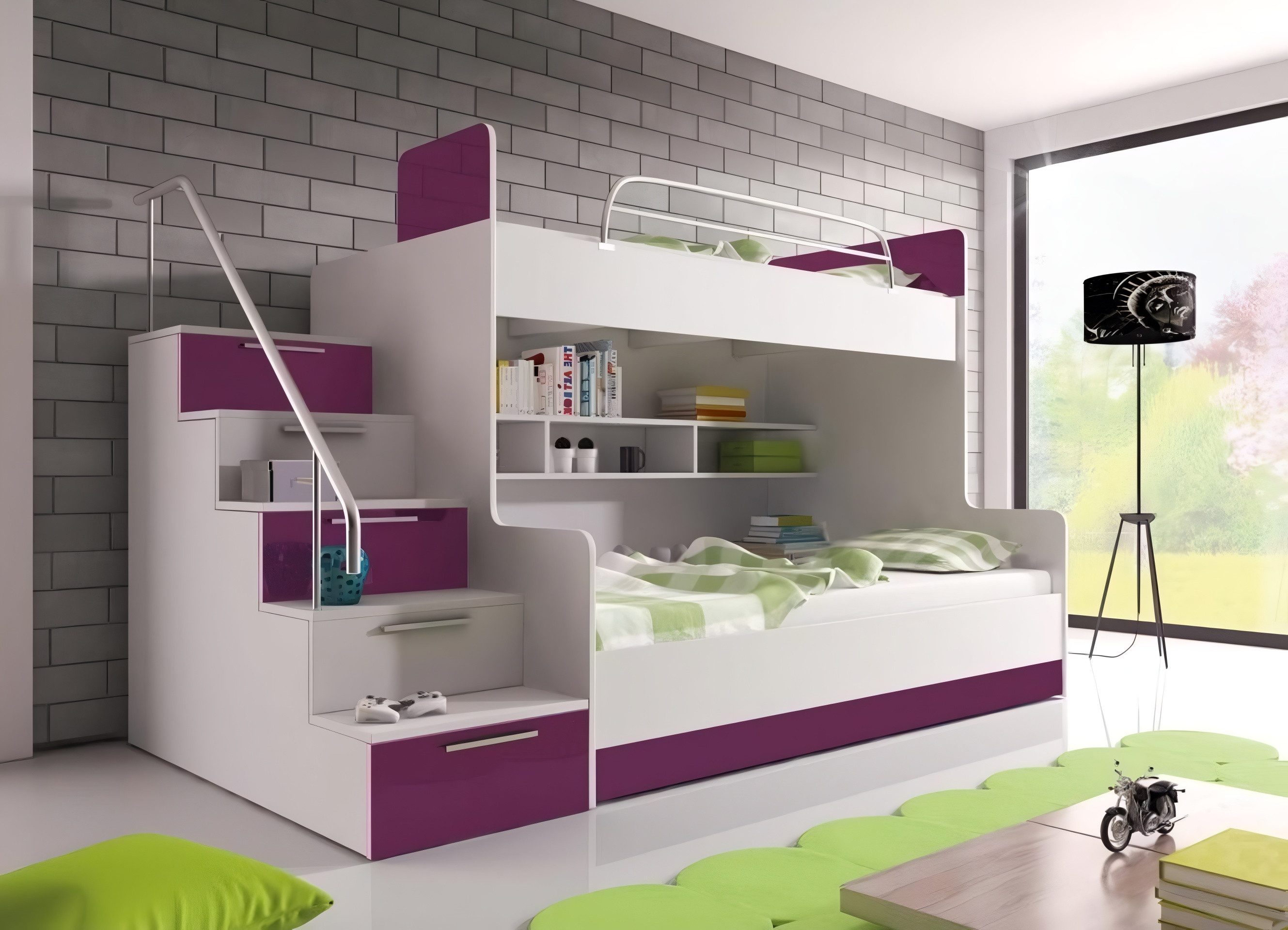 Xlmoebel Etagenbett Lila Hochbett mit hochglänzendem Finish und Stauraum (Etagenbett, 1-St., Kinder-Etagenbett), Hergestellt in Europa