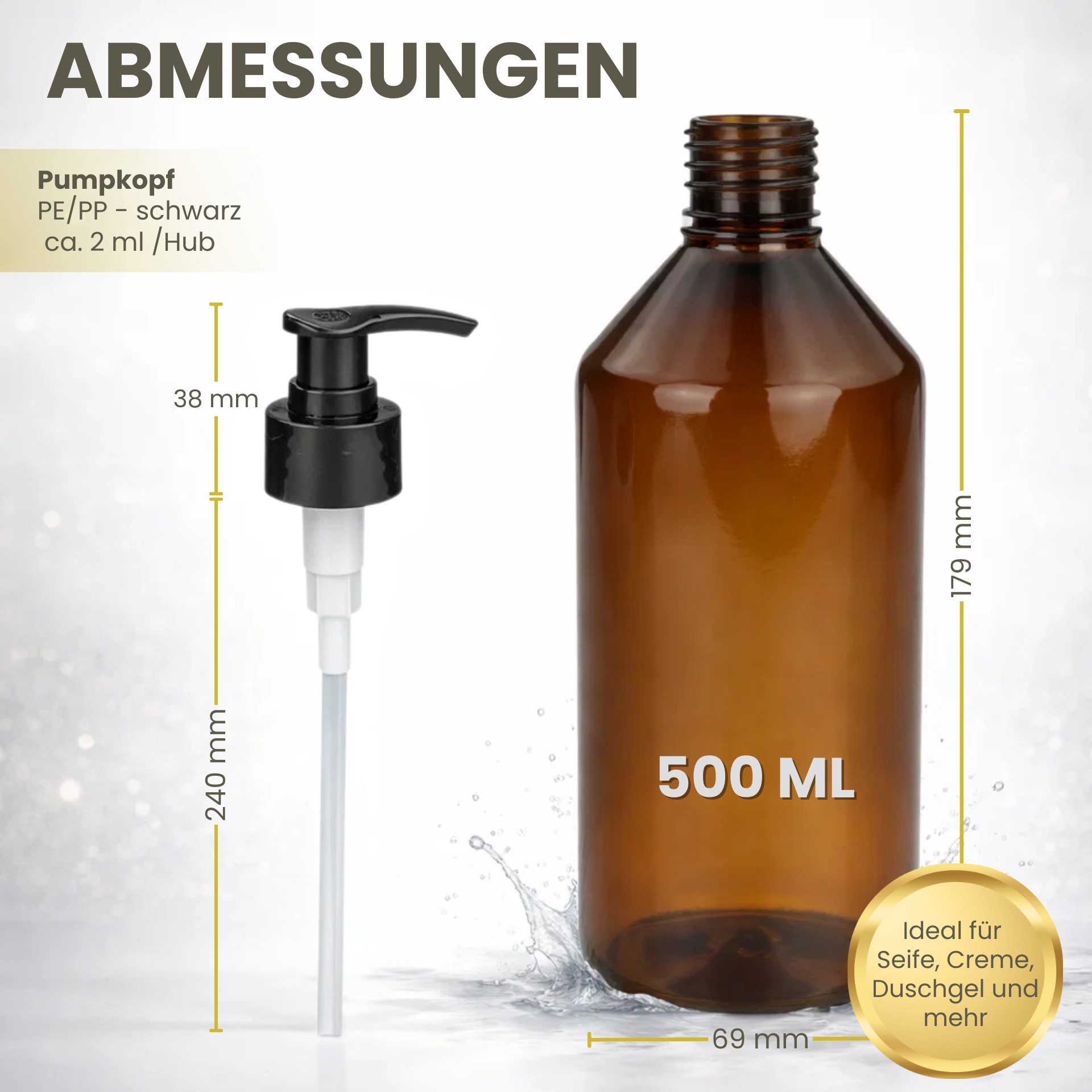 mikken Seifenspender leerer Pumpspender 500 ml PET braun Lotionspender, Dosierspender, (4-tlg., 2er, 4er, 6er, 10er), mit Etiketten, UV-Schutz, bruchsicher, leb – Bild 5 von 5