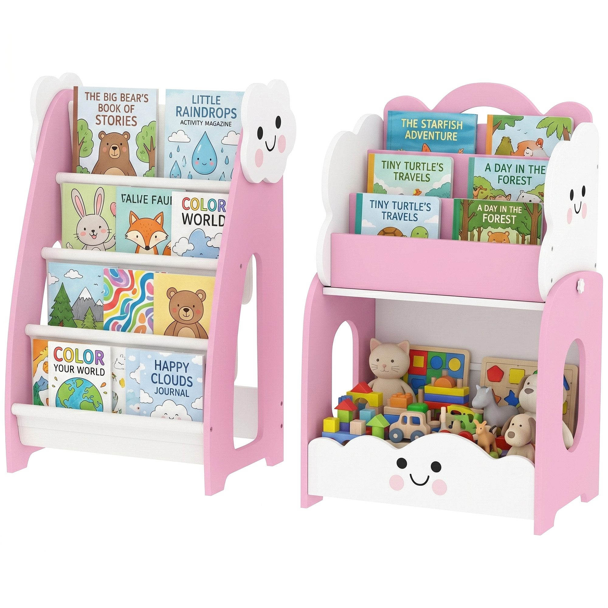 OKWISH Kinderregal 3-in-1 Kinderregal, Spielzeugaufbewahrung Regal, Kinder Bücherregal, Rosa, Kinderzimmer Möbel Organizer, platzsparendes Aufbewahrungsregal 3-tlg., modulares Bücherregal, 4 Stofftaschen, 3 Ebenen Regal & Nachttisch