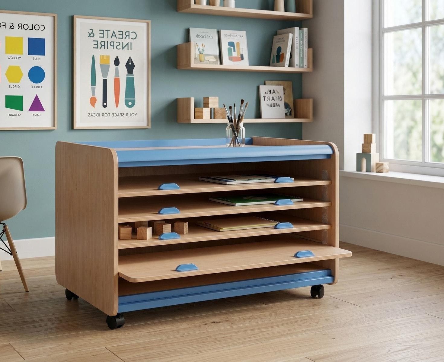 Xlmoebel Aktenschrank Blauer Kinder-Aufbewahrungsschrank mit Rollen und 4 Fächern (Kinder-Aufbewahrungsschrank, 4 Fächer) Made in Europa