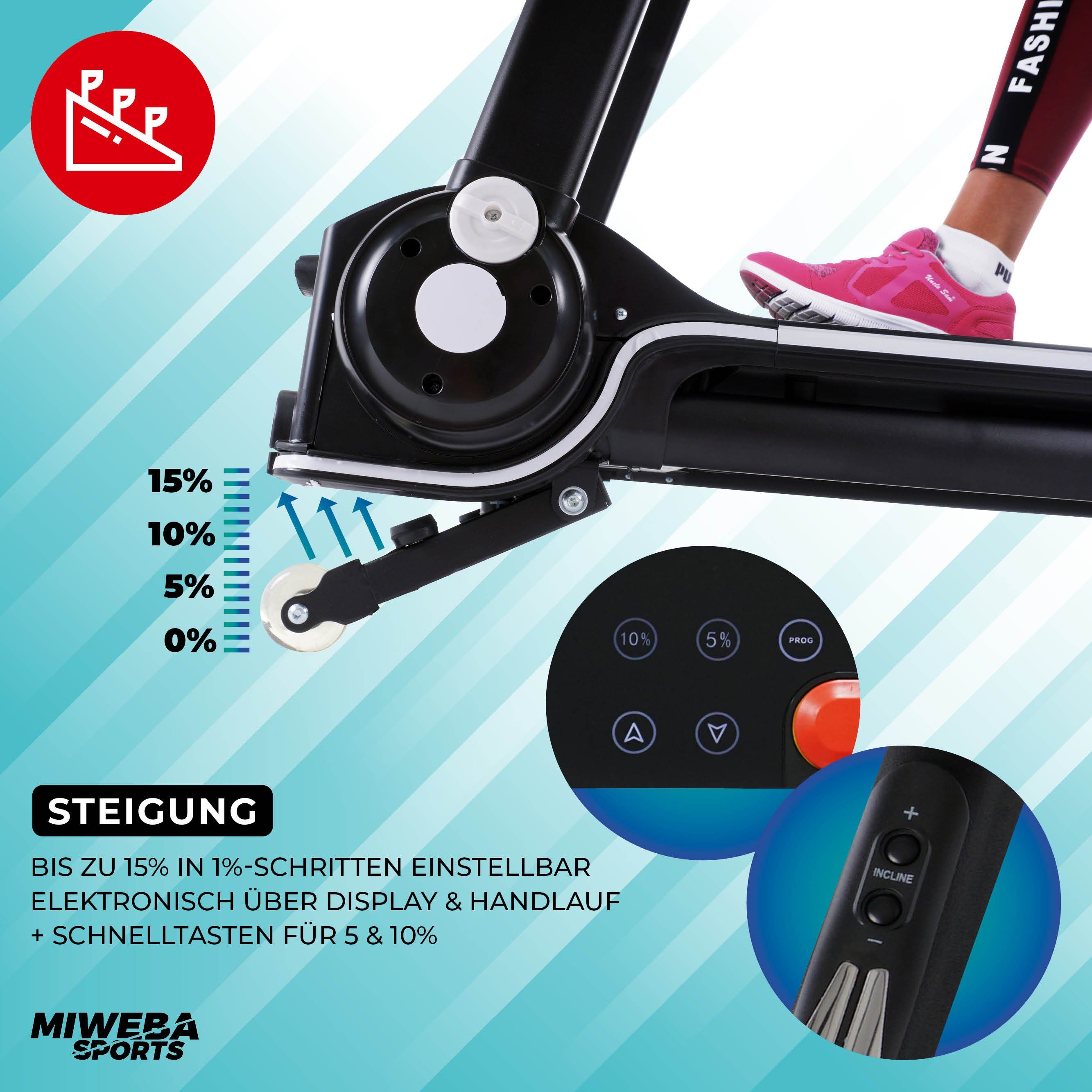 Miweba Sports Laufband Profi Klemme, W, (Treadmill, Fitnessgerät, Programme, Zuhause für - mit 2 1-tlg., 120 klappbar Pulsmesser, Fitnessgeräte Safety-Key - % - Speedrunner, Sportgerät Laufprogramme, Transportrollen), Lauffläche, große Trainingsgerät, LCD-Display, 16 km/h Handy/-Tablethalterung, 12 Workout, kg elektrisch Quick-Speed Traglast, Heimtrainer, 15 Steigung HT3000 1300 USB, Fitness, Fitshow-App, Sportgeräte Bluetooth