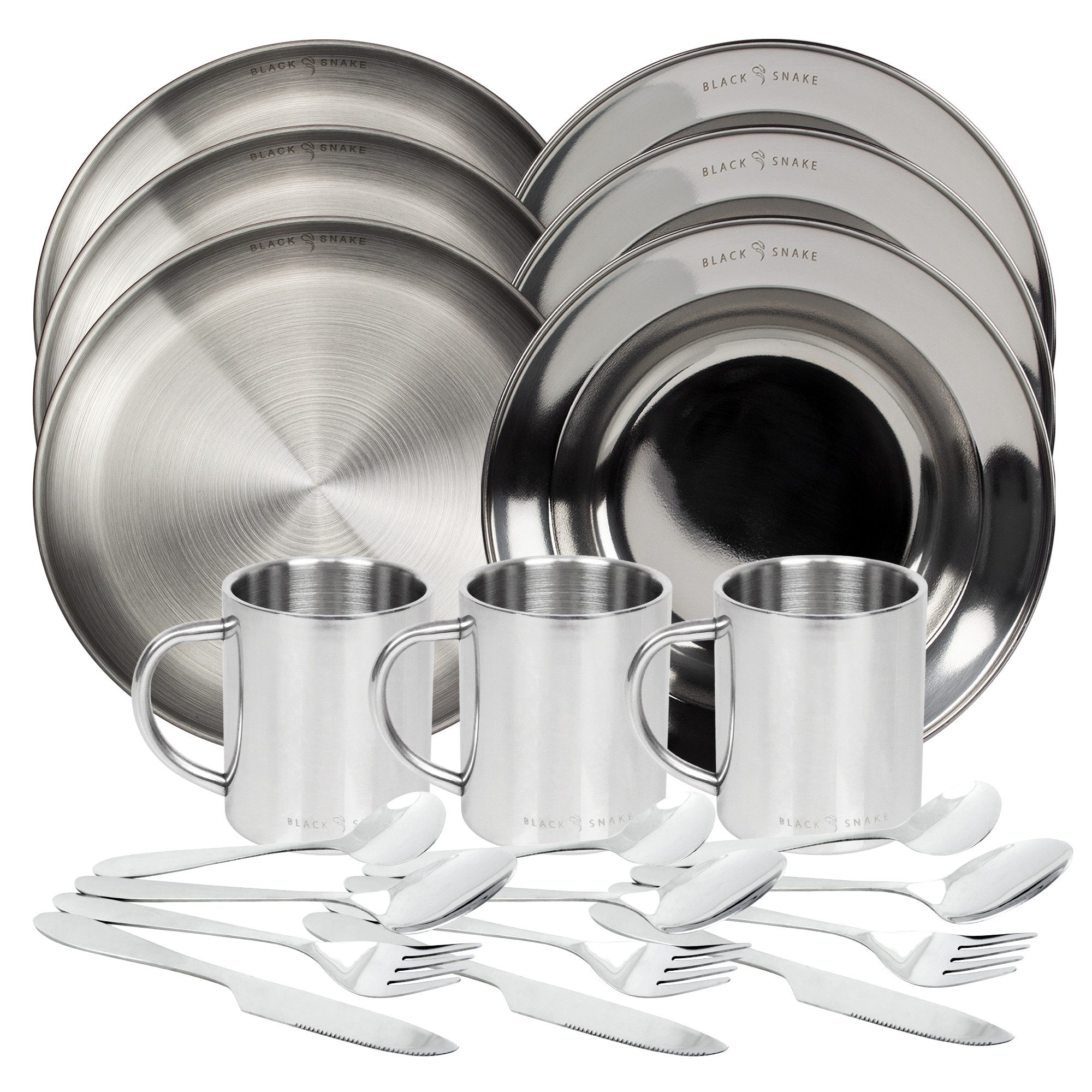 Black Snake Geschirr-Set Black Snake® Edelstahl Camping Set mit Teller & Tasse (12-tlg), 3 Personen, Edelstahl, Camping Geschirr Set aus robustem Edelstahl