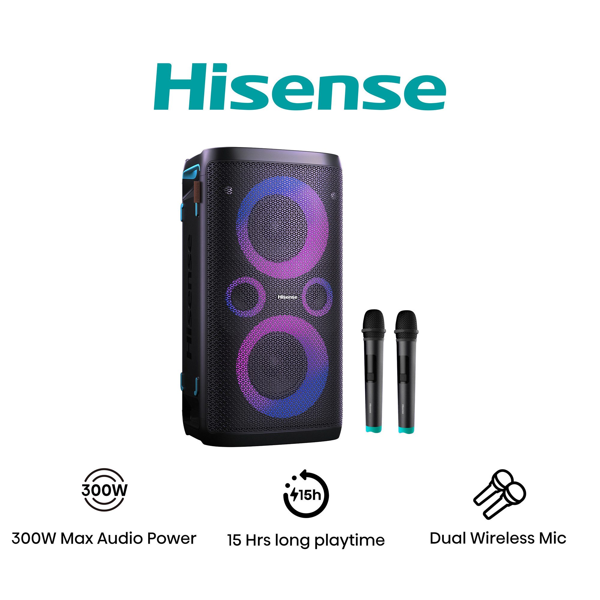 Hisense Party Storm 1 Bluetooth-Lautsprecher (Karaoke Modus inkl. 2 Mikrofone, 300W, 15 Stunden Akkulaufzeit)